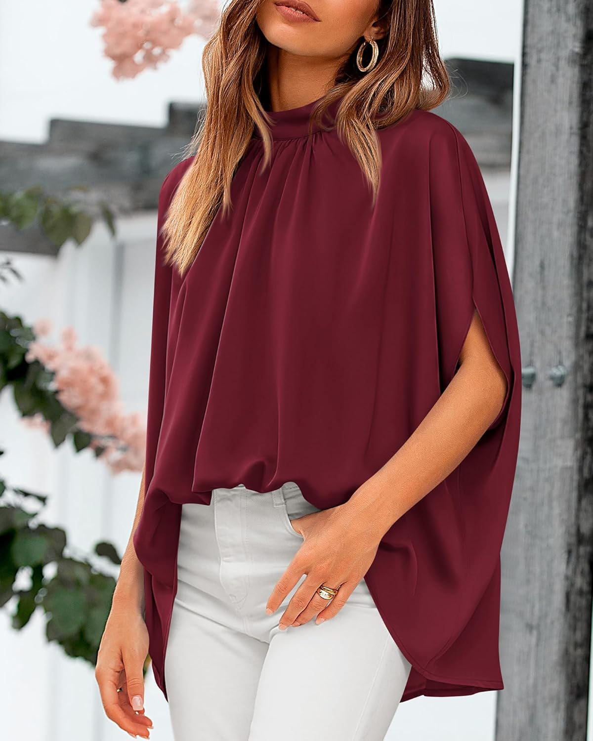 BTFBM Womens Summer Tops 2026 Mock Neck Batwing Sleeve Silk Satin Shirts Loose Oversized Dressy Casual Spring Blouses - Image 8