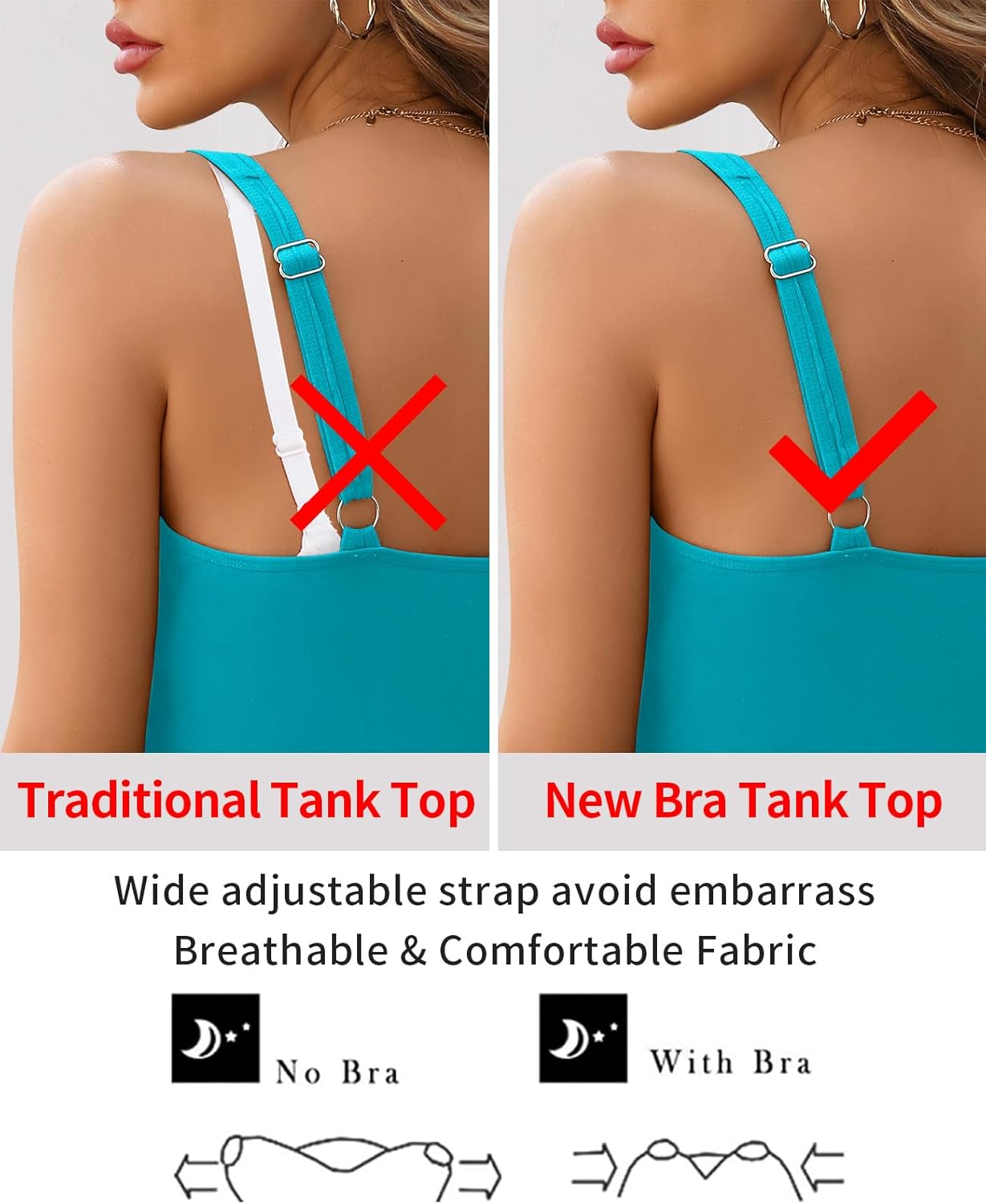 V FOR CITY Tank Top for Women with Built-in Padded Bra Adjustable Wide Strap Camisole Cotton Cami Shirts - Image 5