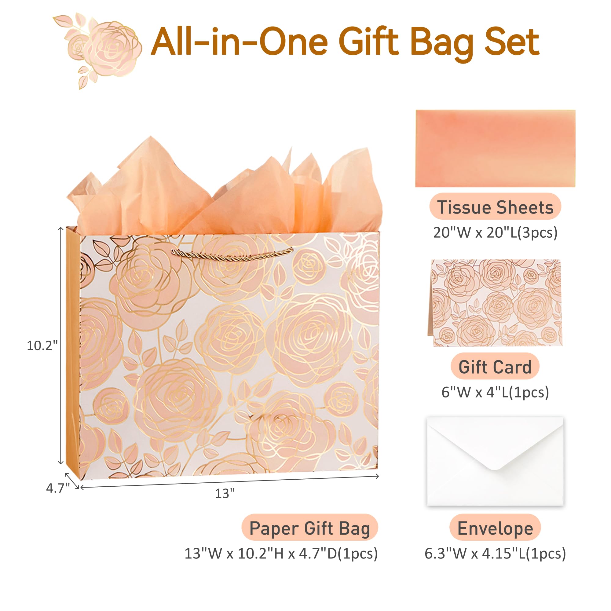 SUNCOLOR 13" Rose Gold Large Gift Bag with Card and Tissue Paper