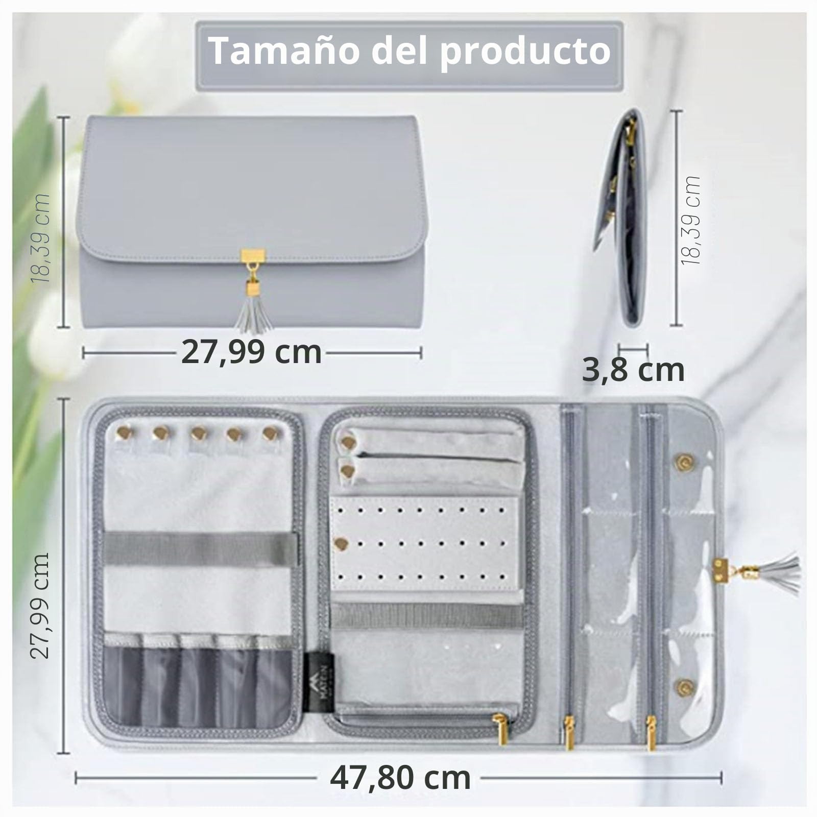 Rollo de Joyería Plegable Portáti Gran Capacidad Bolsa de Rollo de Joyería Portáti Enrollable Suave para Joyería Caja Joyero Portátil para Collares,Pendientes,Anillos, Pulsera,Pendientes Anillos(Gris)