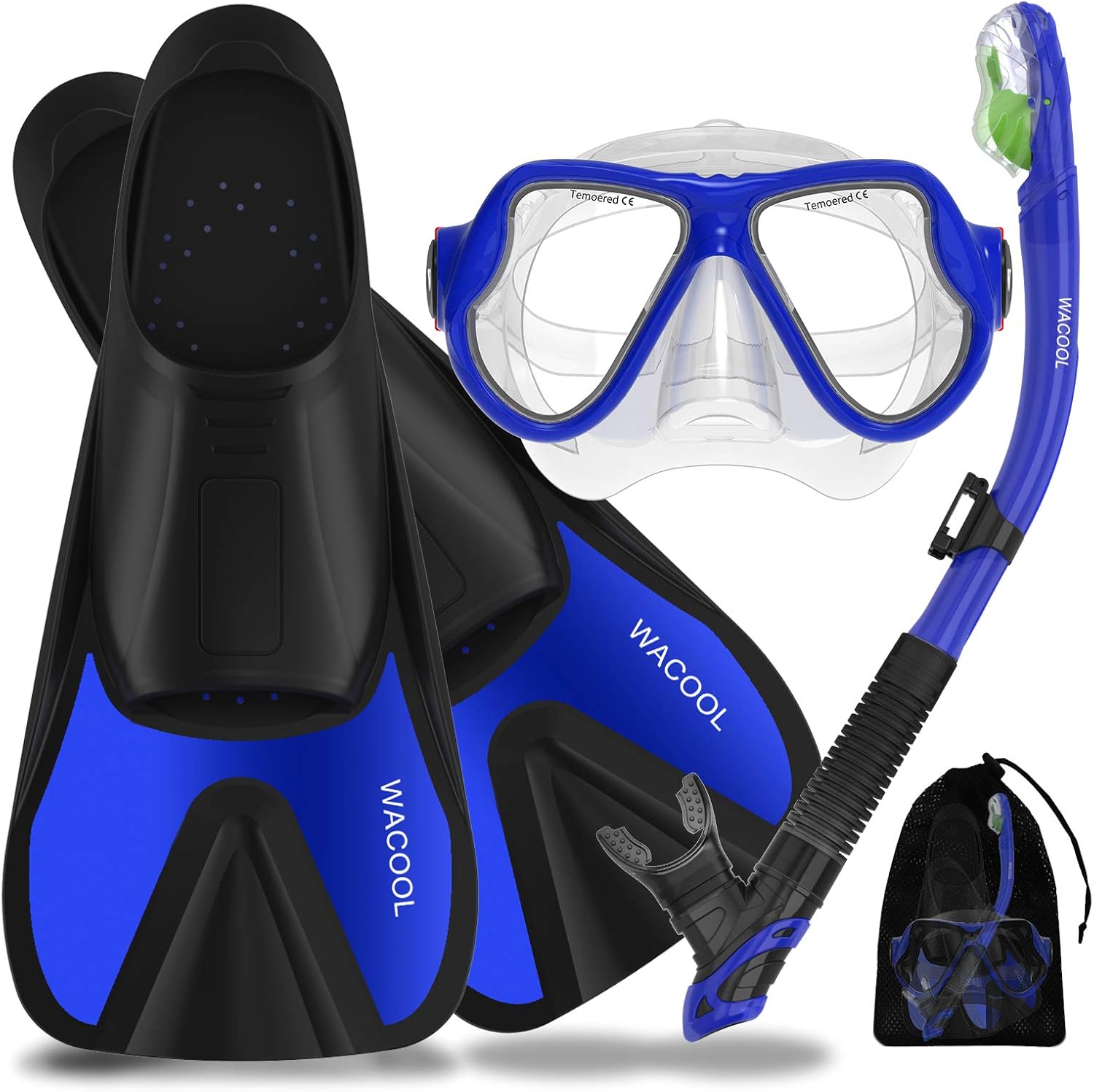 WACOOL Adults Snorkeling Snorkel Scuba Diving Package Set Gear with Travel Full Foot Short Swim Pocket Fins Anti-Fog Coated Glass Silicon Mouth Piece Purge Valve and Anti-Splash : Sports & Outdoors