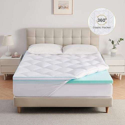 Miniatura 7 de Cubrecolchón de espuma viscoelástica de doble capa de 4 pulgadas, tamaño individual, comodidad transpirable, espuma viscoelástica de gel refrescante