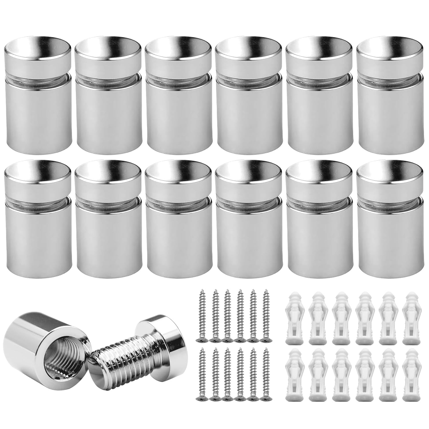1/2” x 1/2” Inch 12PCS Aluminum Solid Sign Standoff Screws for Acrylic Advertising Screw wall Fixing standoffs mounts Glass Display Signs (Polished Chrome Color)
