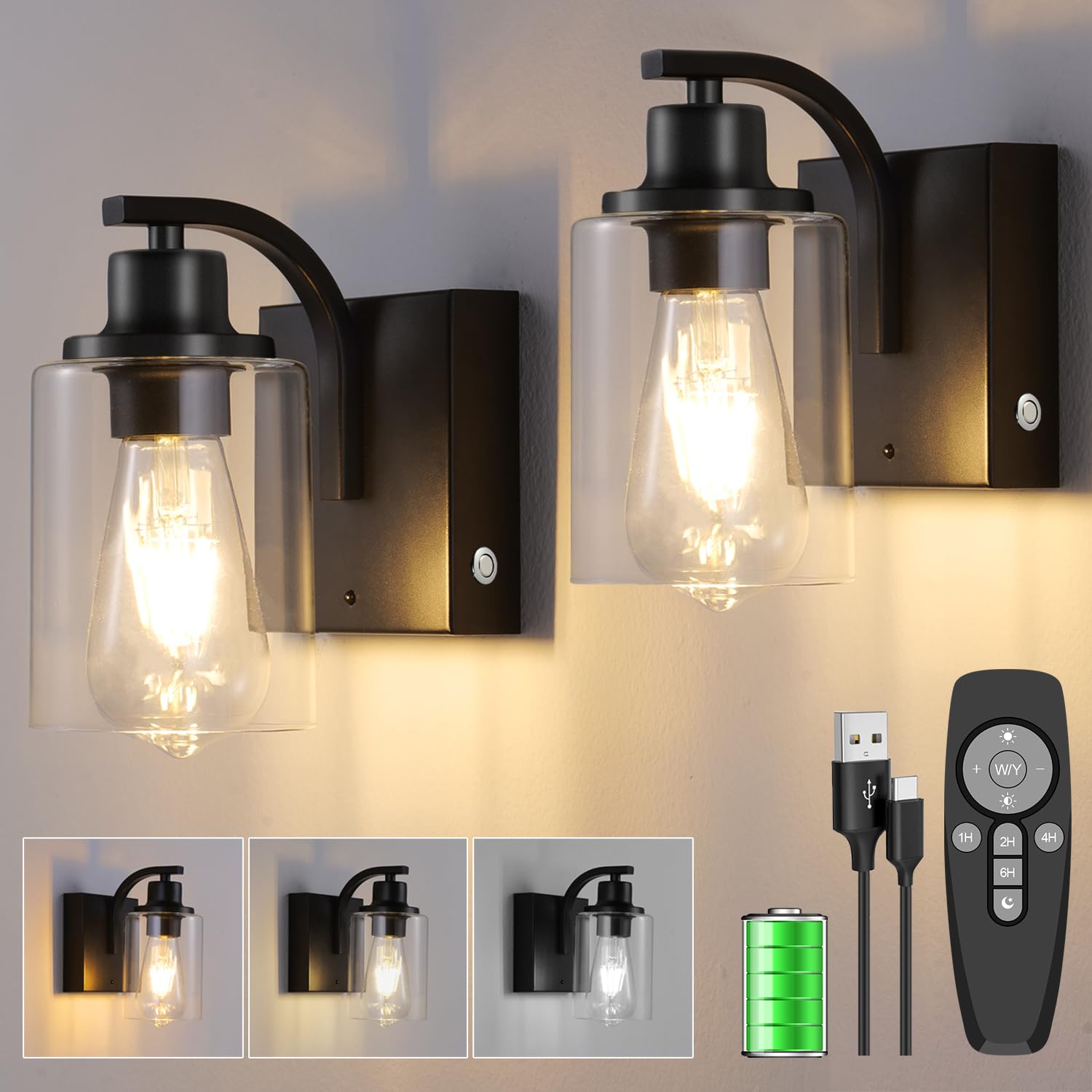 Dimmable Indoor Wall Sconce, 8000mAh Battery USB Rechargeable Wall Lamp, Touch Control, Cordless Wall Lamps with Remote Control for Living Room and Bedroom, Black, 2 Pack