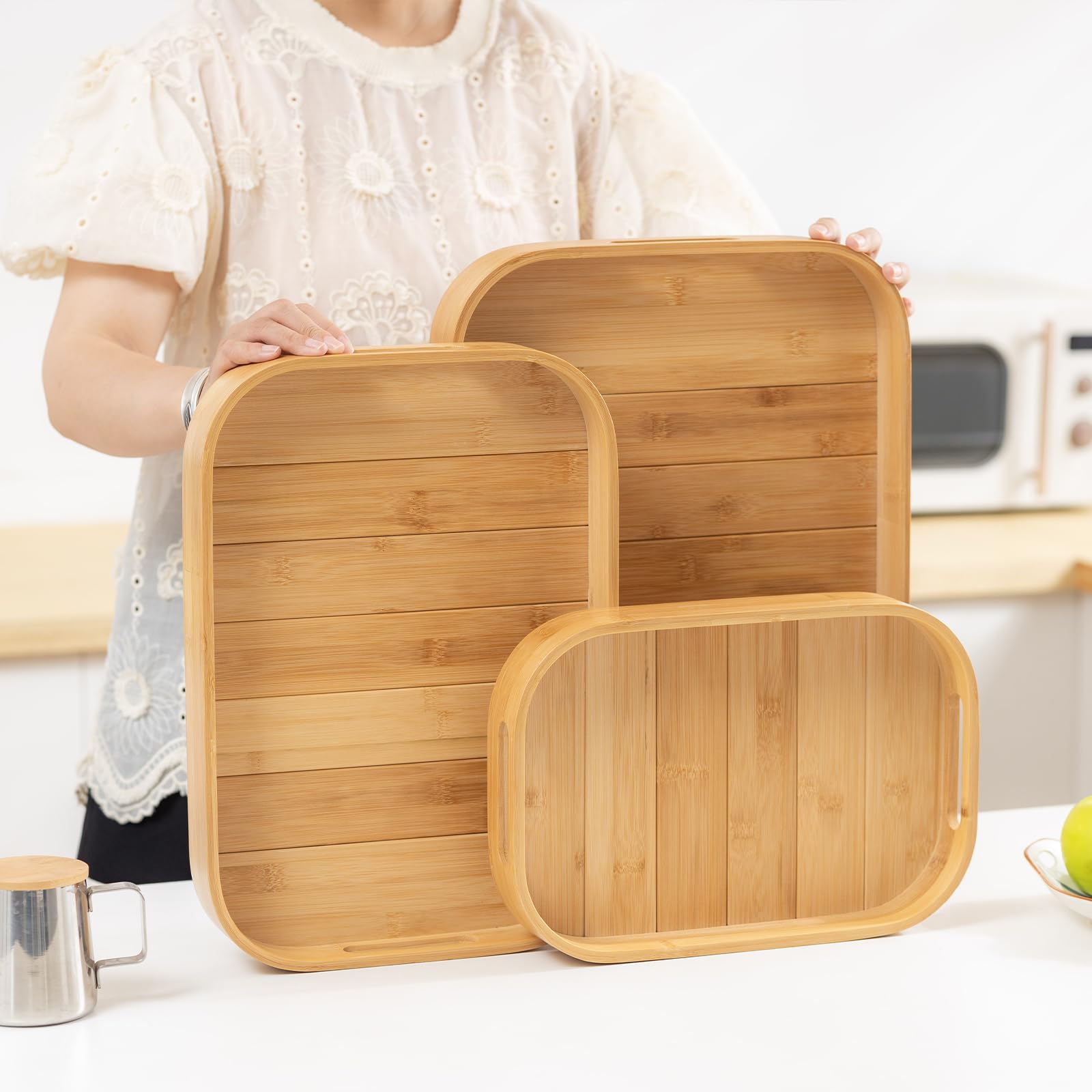 Plateau de service en bambou avec poignées, plateau moderne pour table basse ottomane, plateau de service décoratif pour petit déjeuner