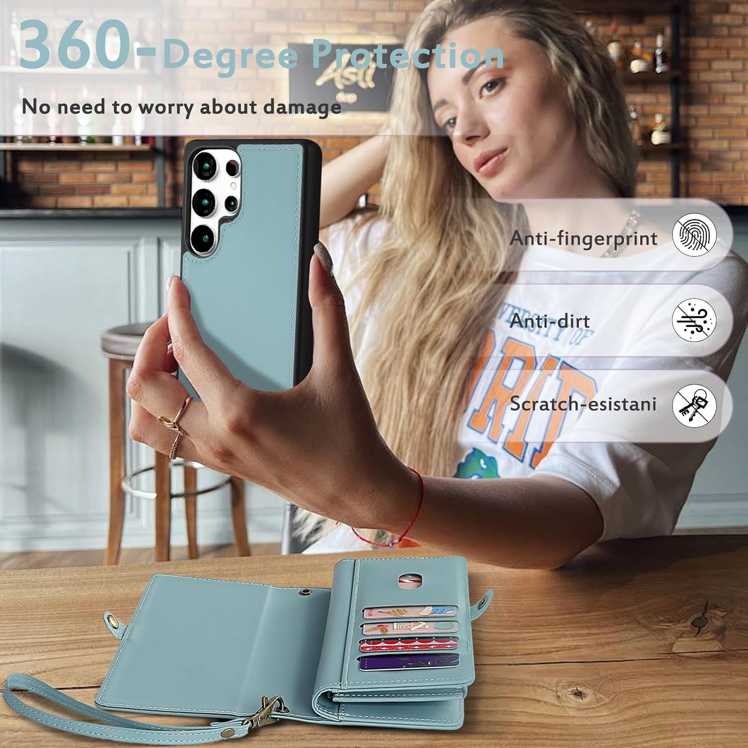 for Wallet Case Compatible with Samsumg Galaxy S25U Multi-Function Detachable 2 in 1 Magnetic Phone Case Wallet,Flip Strap Zipper Card Holder Phone Case with Shoulder Straps (Blue) - Image 7