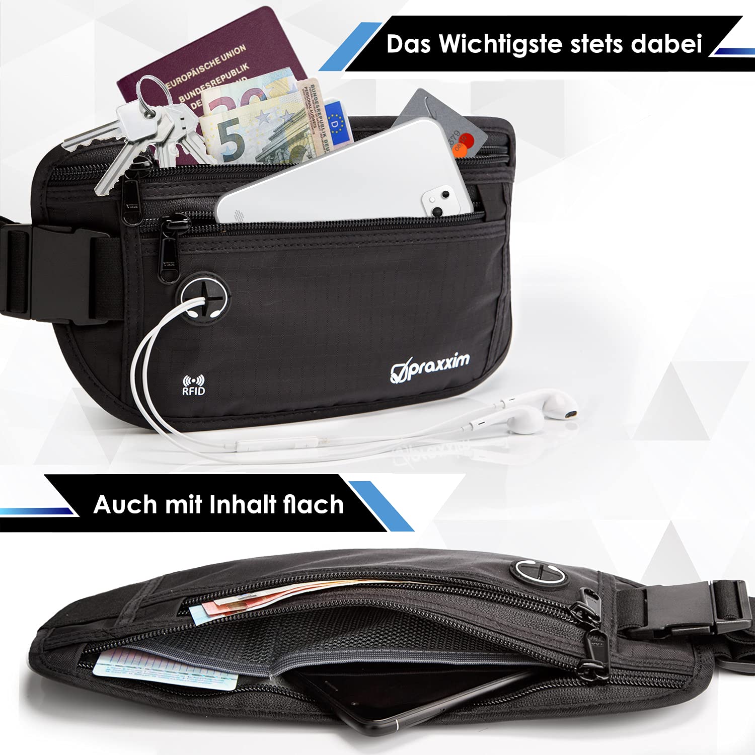 Praxxim Płaska saszetka na brzuch sportowa z ochroną RFID – czarna torba na pasek Money Belt