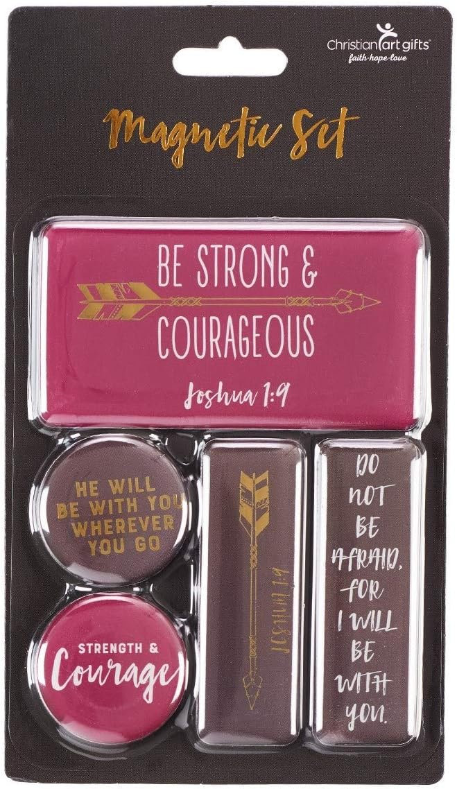 Christian Art Gifts Magenta Refrigerator Magnets | Strong and Courageous - Joshua 1:9 Bible Verse | Inspirational Fridge Magnet Mini Variety Set/5