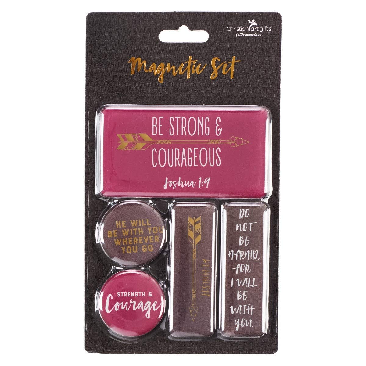 Christian Art Gifts Magenta Refrigerator Magnets | Strong and Courageous - Joshua 1:9 Bible Verse | Inspirational Fridge Magnet Mini Variety Set/5