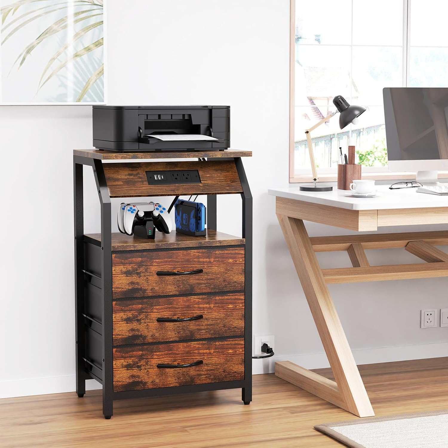 End Table with Charging Station, Nightstand with LED Lights and 3 Drawers, Small Dresser with Fabric Storage, Retro Side Table for Bedside, Living Room Dorm, Rustic Brown