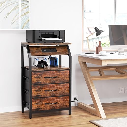 Miniatura 8 de Mesa auxiliar con estación de carga, mesita de noche con luces LED y 3 cajones, cómoda pequeña con almacenamiento de tela, mesa auxiliar retro para