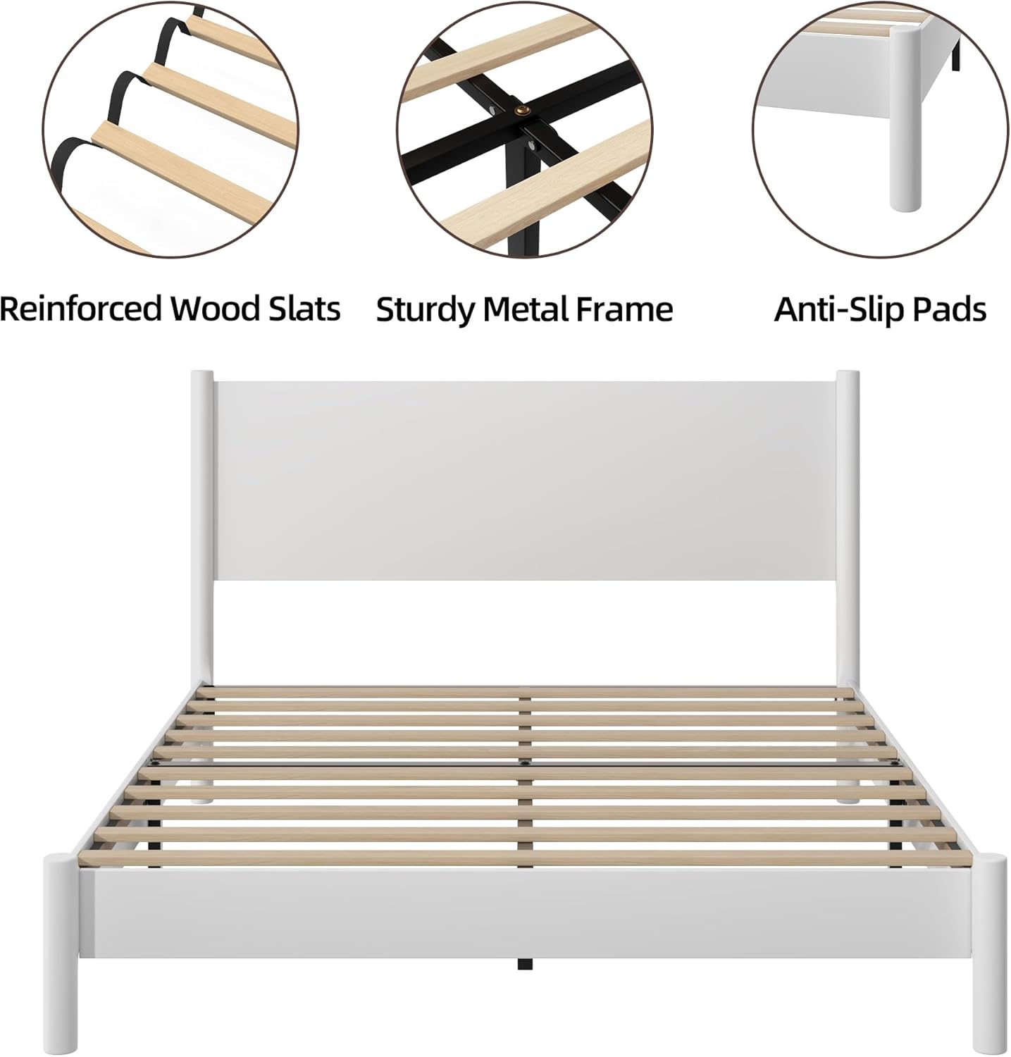Queen Size Bed Frame with Headboard, Modern Farmhouse Wood Platform Bed, Sturdy Wood Slats Support, Noise-Free & Easy Assembly, No Box Spring Needed, White