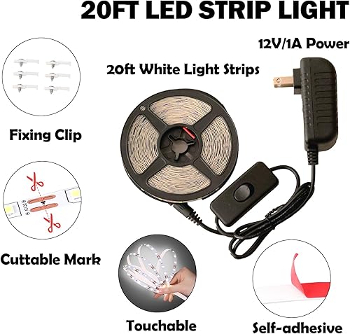 Miniatura 4 de Kit de tira de luz LED blanca de 20 pies, tira de luz de 6500 K, 360 LED de 12 V, tiras de luz LED flexibles para dormitorio, cocina, debajo del