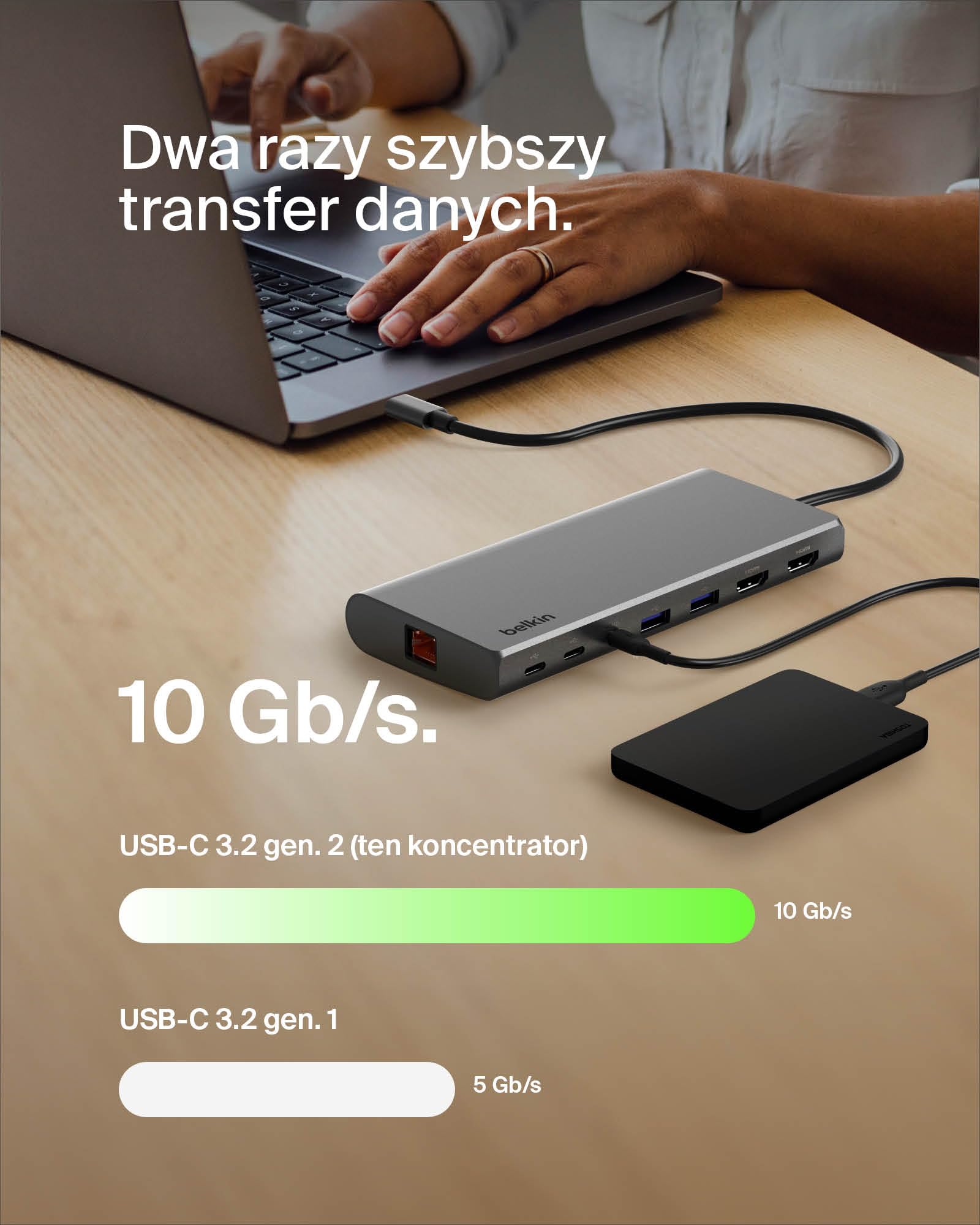 Koncentrator USB-C Belkin Connect Core 8 w 1 z obsługą 2 monitorów i technologią Silicon Motion – zgodny z komputerami Mac, Windows i Chromebook – 100 W PD, transfer 10 Gb/s i Ethernet 1 Gb – srebrny