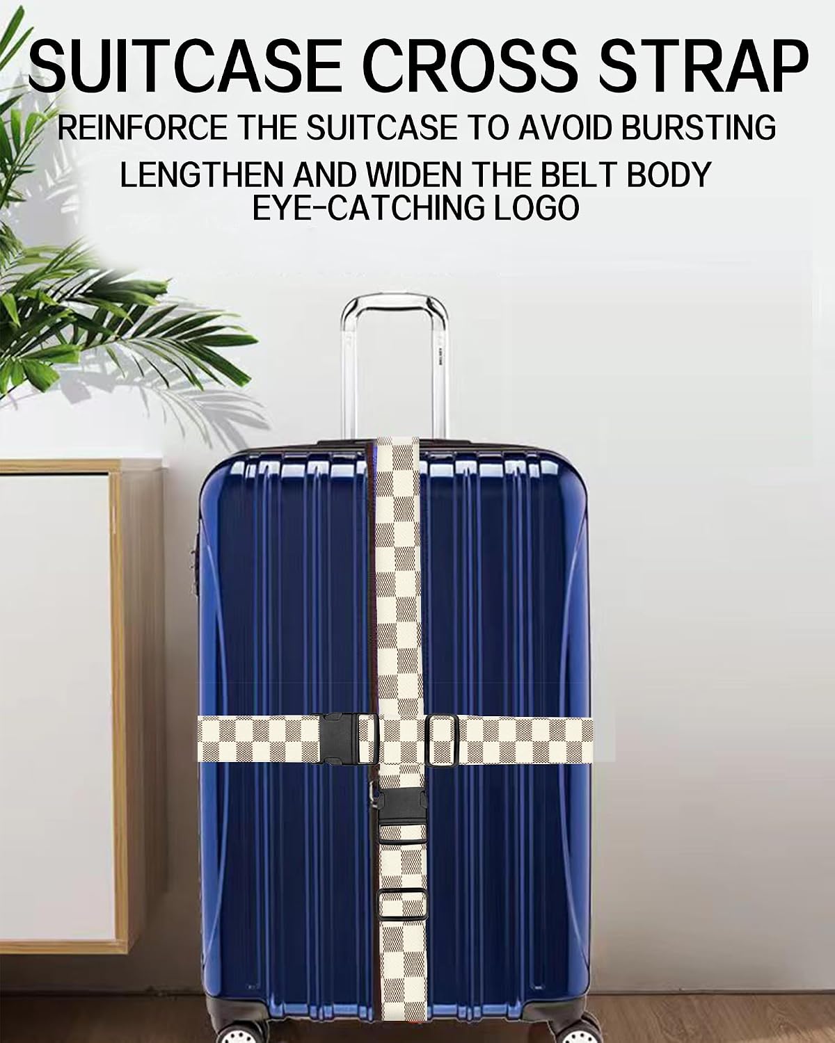 Luggage Straps for Suitcases, Adjustable Travel Belt, Durable Wide Luggage Strap, Cute Suitcase Strap Identifiers with Buckle, Bag Straps for Luggage, Brown White Plaid