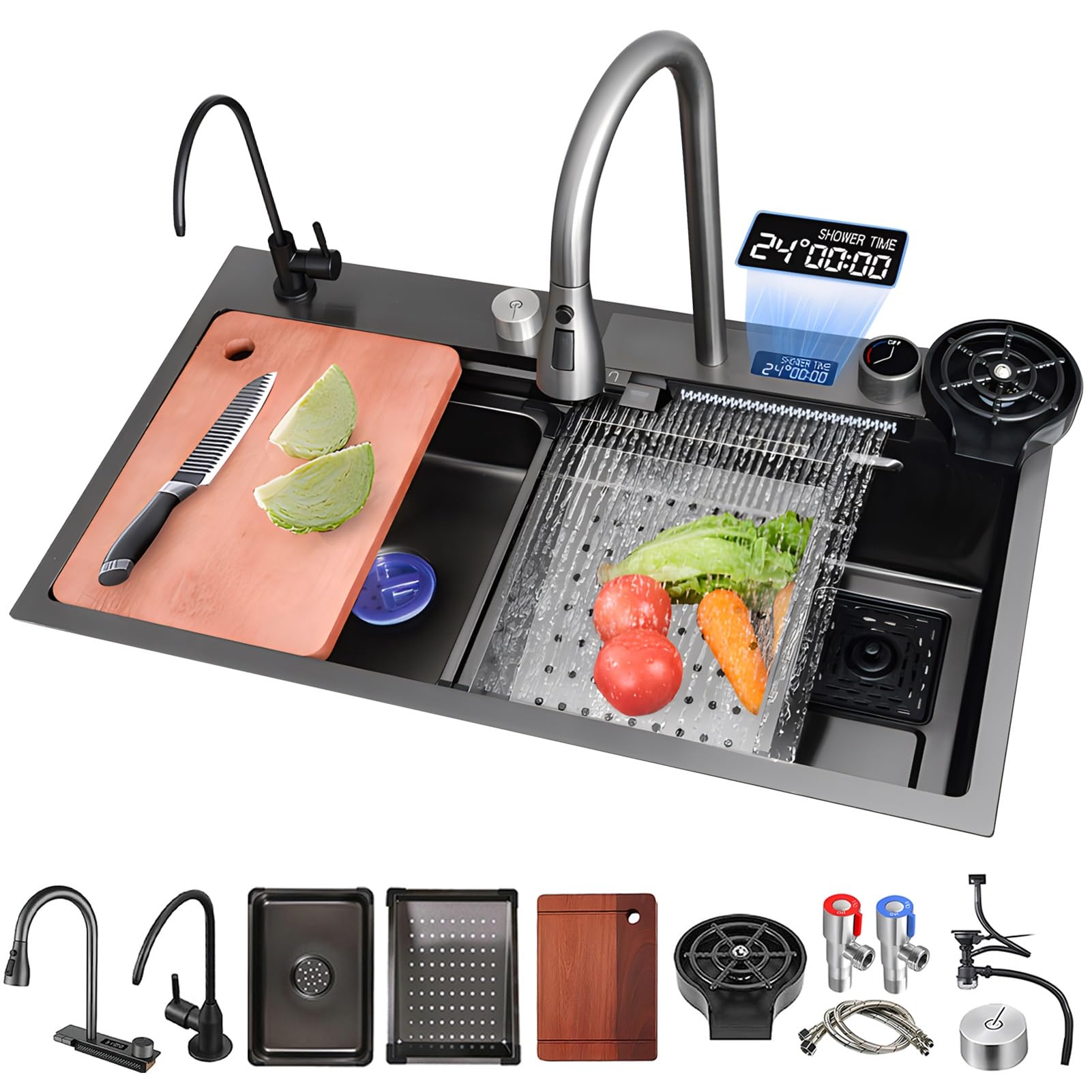 Évier de Cuisine Cascade avec Affichage de la température, Noir et Gris, en Acier Inoxydable, pour Plan de Travail, avec Accessoires complets