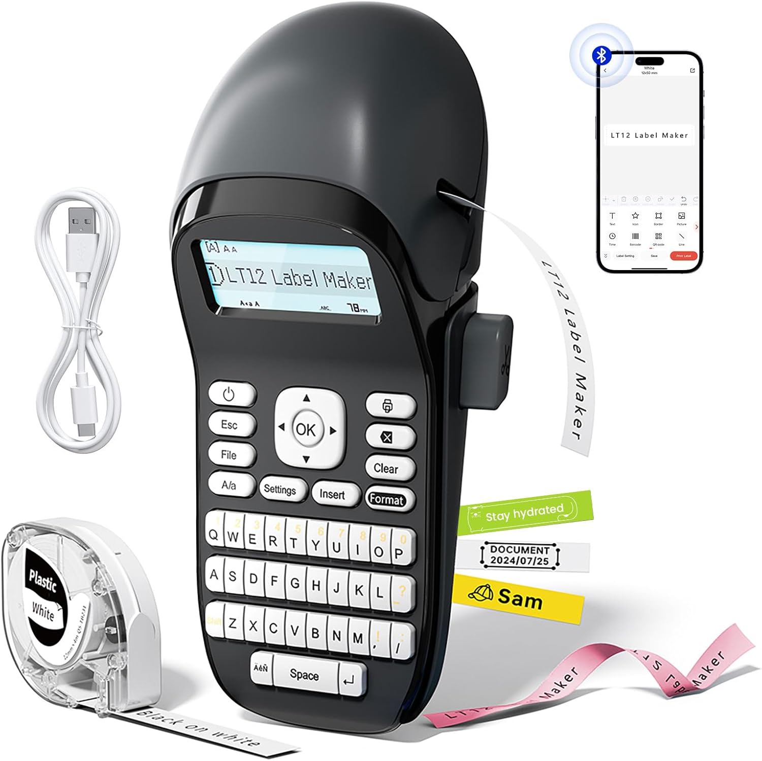 Phomemo LT12 Label Maker Machine with tape, charging cable, and smartphone displaying the companion app.