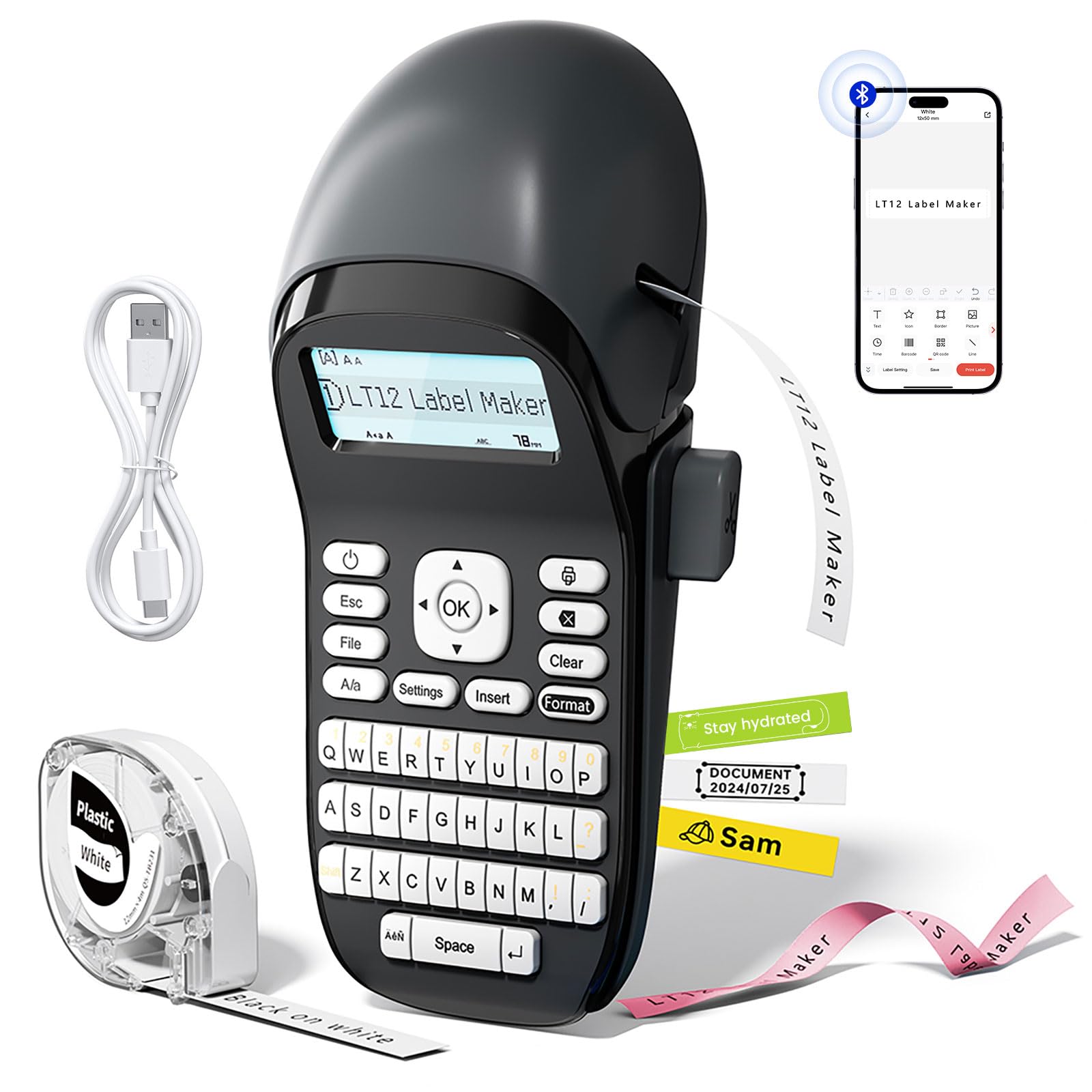 Phomemo LT12 Label Maker Machine with Tape, Bluetooth Portable Labeller with QWERTY Keyboard Rechargeable Label Printer LCD Screen for Home, Office, Organization(1 label tapes included) Grey