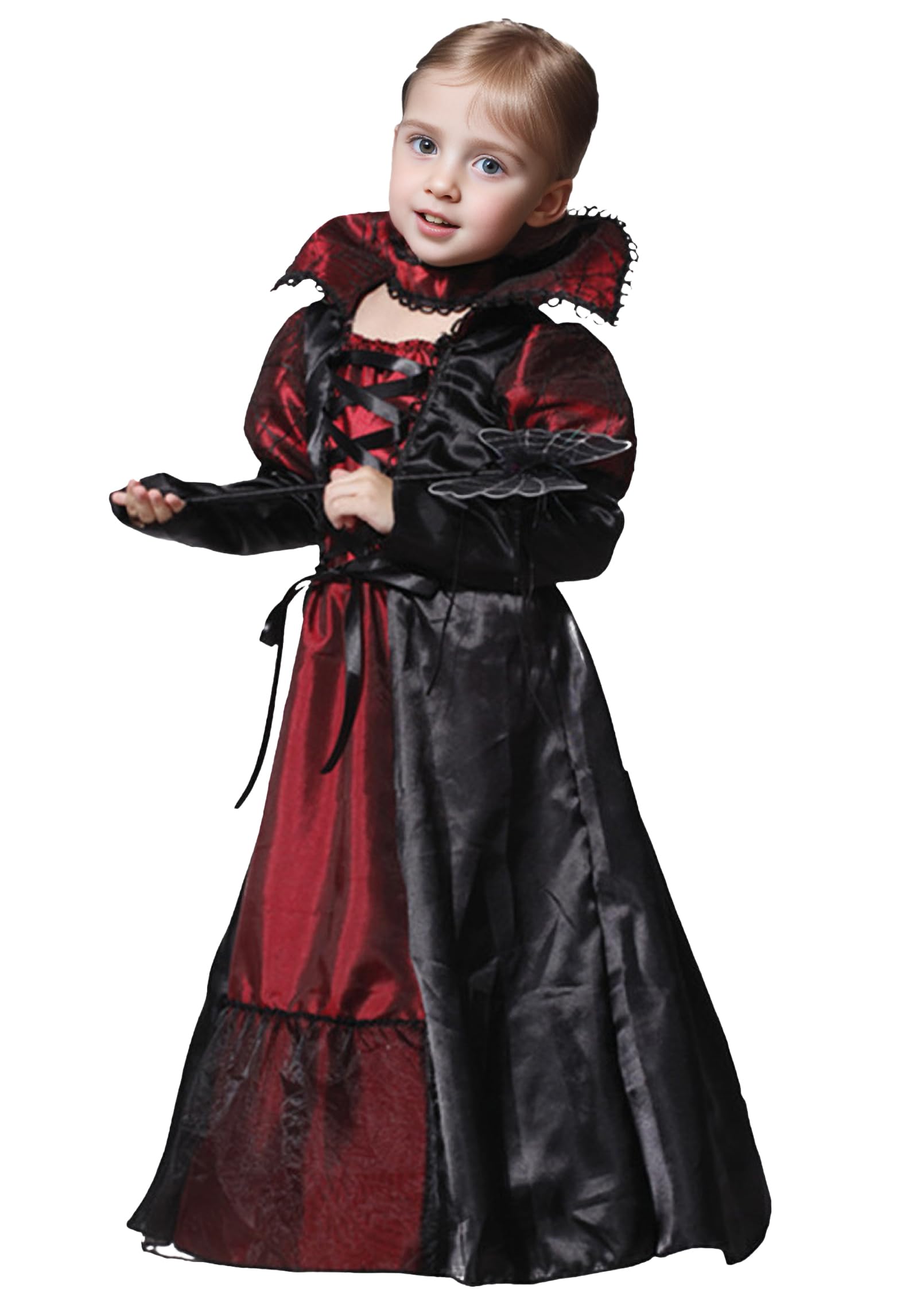 GEMVIE Disfraz de vampiro vampiresa vestido de vampira con cuello para niña, disfraz de Halloween niña Carnaval Cosplay Negro-Rojo