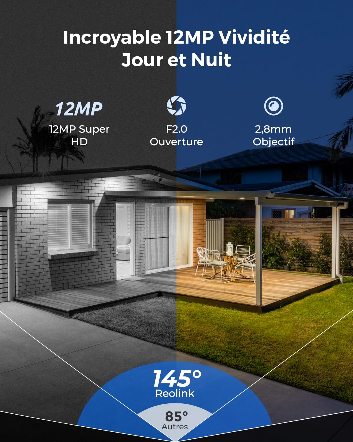 Reolink 12MP Kit Caméra Extérieure PoE, Grand Angle 145°, RLK8-1200V4 | IK10 Anti-Vandalisme, 8CH 2To NVR, Vision Nocturne Couleur, Détection Personne/Véhicule/Animal, Audio Bidirectionnel