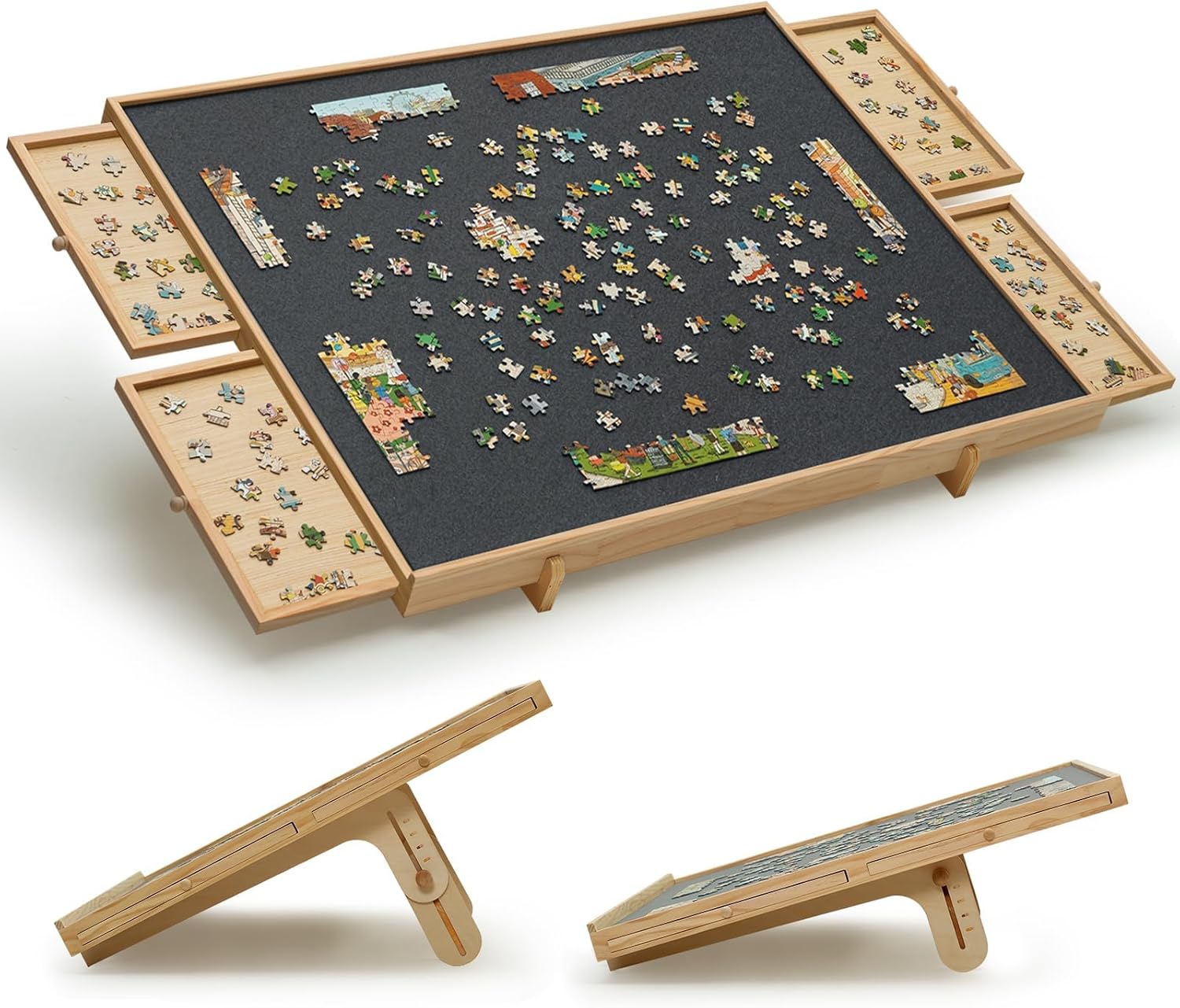 1500 Pieces Felt Puzzle Board with 4 Drawers, Cover, 2 in 1 Puzzle Table with Adjustable Tilting Stand, Portable Jigsaw Wood Table with Felt Top 34" W x 26" D