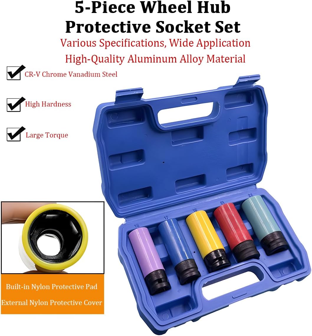 1/2 Inch Car Drive Impact Lug Nut Socket Set, 5PCS Thin-Walled Non-Marring Vehicle Wheel Rim Protector Socket, Color-Coded Automotive Lug Nut Wheel Kit, Universal for SUV RV Truck
