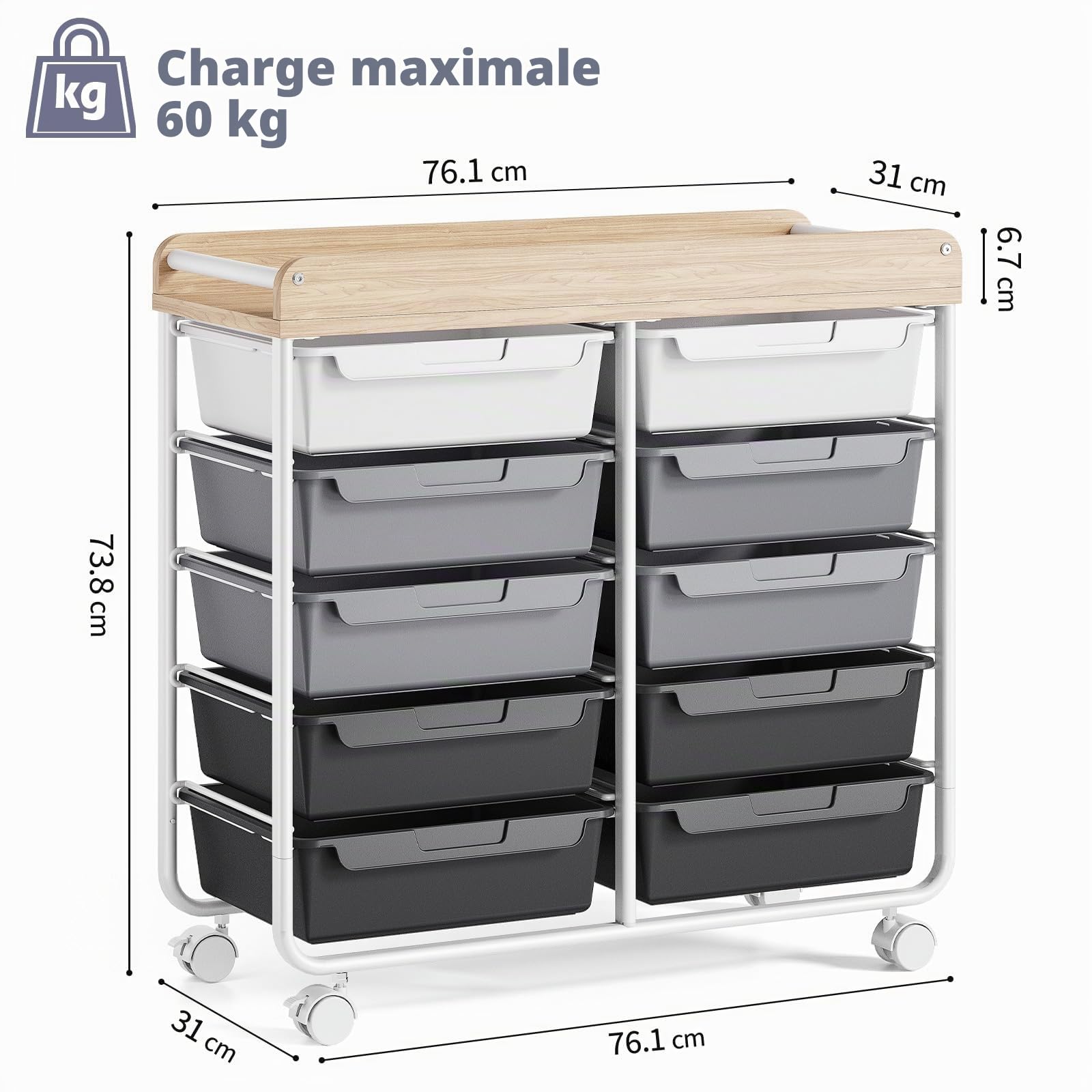 Meuble à roulettes en plastique avec 10 tiroirs, chariot à roulettes avec tiroirs, chariot de rangement pour salle de bain, cuisine, salon et chambre à coucher, Gris