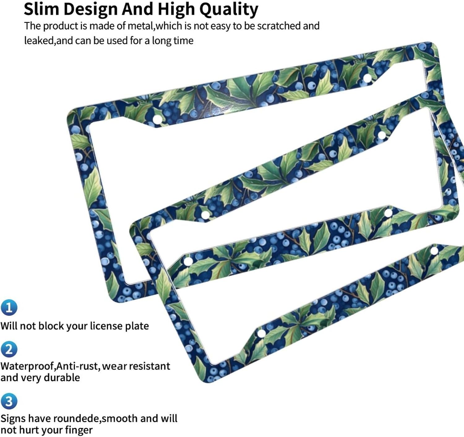 Stylish Blueberrys License Plate Frames for Women Men Universal License Plate Cover Auto Decorative Solid Rust-Proof Aluminum Car Tag Holder with 2 Holes and Screws Car Accessories 2 Pack image 4