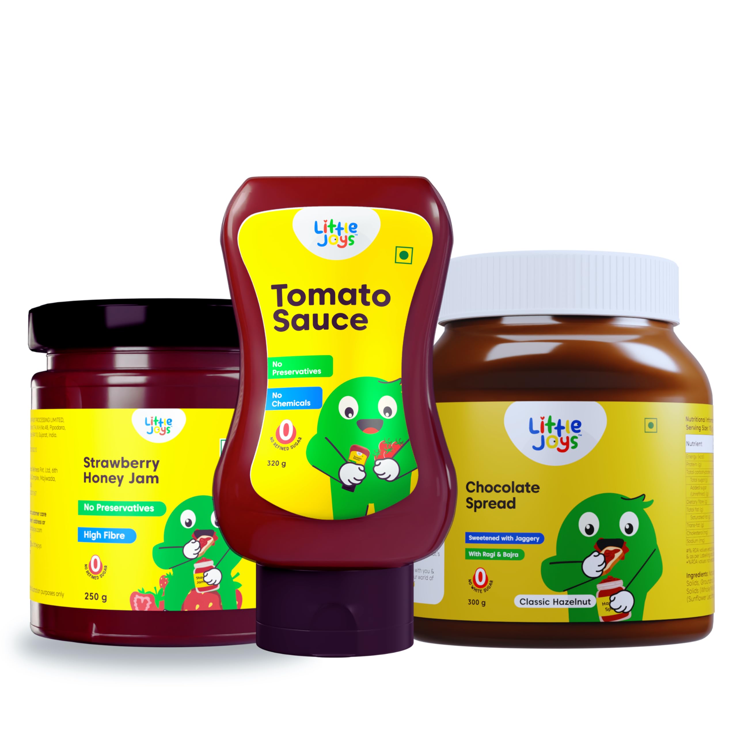 Little Joys Healthy Snacking Combo | Chocolate Hazelnut Spread(300g), Strawberry Honey Jam(250g) & Tomato Sauce(320g) | Made With Real Ingredients | No MSG, No Preservatives, No Added Sugar |Pack of 3