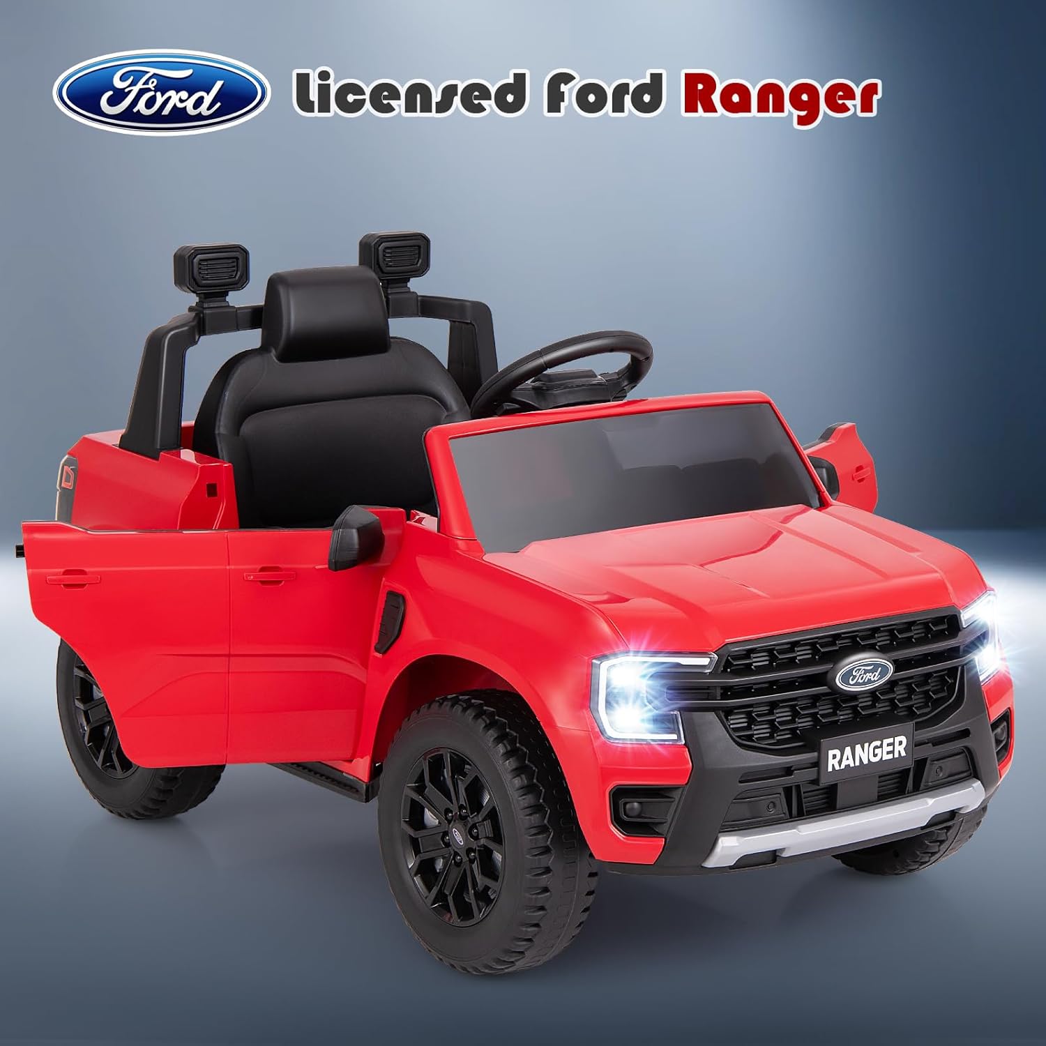 Licensed Ford Ranger Ride on Pickup Truck by INFANS, 12V Battery Powered Electric Vehicle for Kids with Remote Control, Headlight, Power Display, Bluetooth, MP3, Music, Aged 3-6 Years (Red)