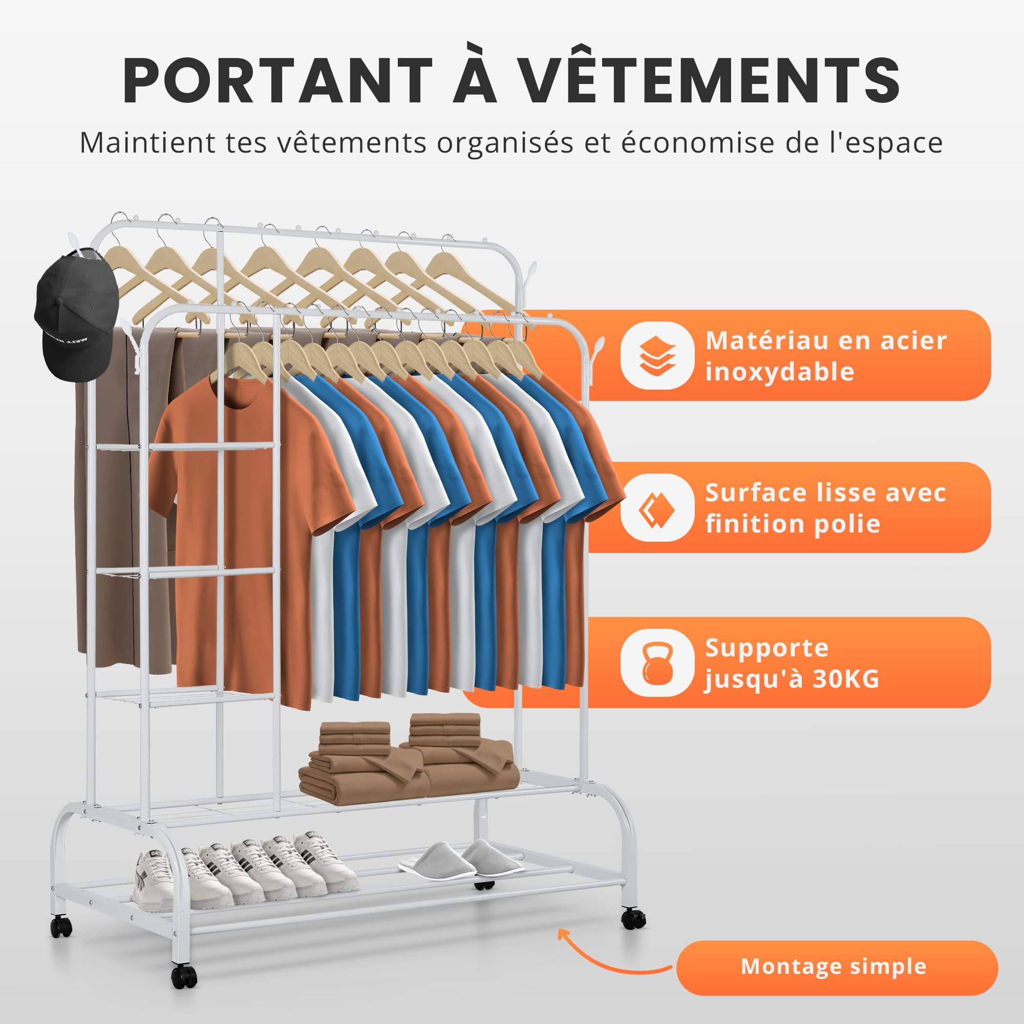 JUPPLIES Portant à Vêtements Solide à Roulettes avec 4 Étagères | Penderie Vetement Dressing sur Pieds | Charge Lourde | Rangement Chaussures