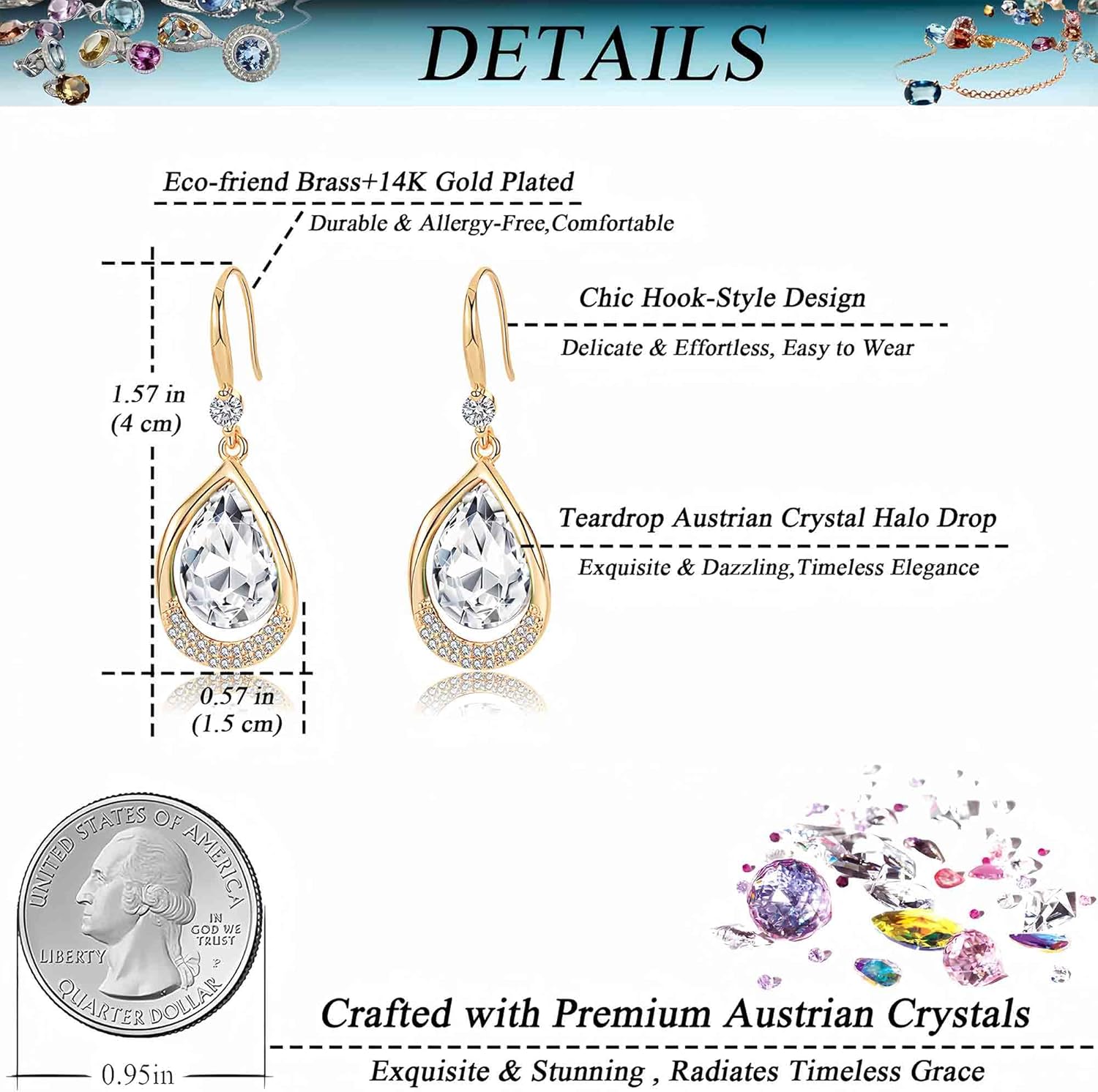 Austrian Crystal Halo Teardrop Hollow Drop Dangle Earrings for Women 14K Rose Gold Plated Hypoallergenic Jewelry Gifts - Image 4