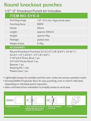 Miniatura 10 de AMZCNC Kit de herramientas de punzón hidráulico de 15 toneladas de 12 a 4 pulgadas con 10 orificios de troquel, juego completo de cortador de