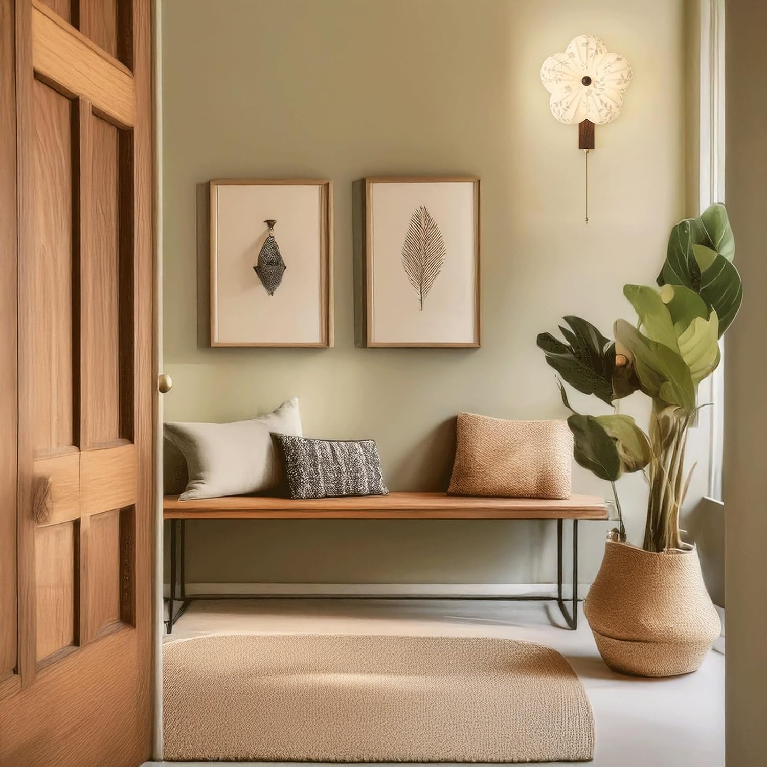 Modern Style Wall Sconce Dark Wood Grain Iron & Fabric Flower Shade LED Wall Lamp with Pull Chain Unique Creative for Living Room Bedroom Hallway Apartment Hotel Café Entryway Art Decor