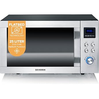 Severin MW 7777 3-in-1 Microwave with Glass Base, Flatbed (Flat Cavity for Large Foods), Grill and Hot Air Function, Microwav