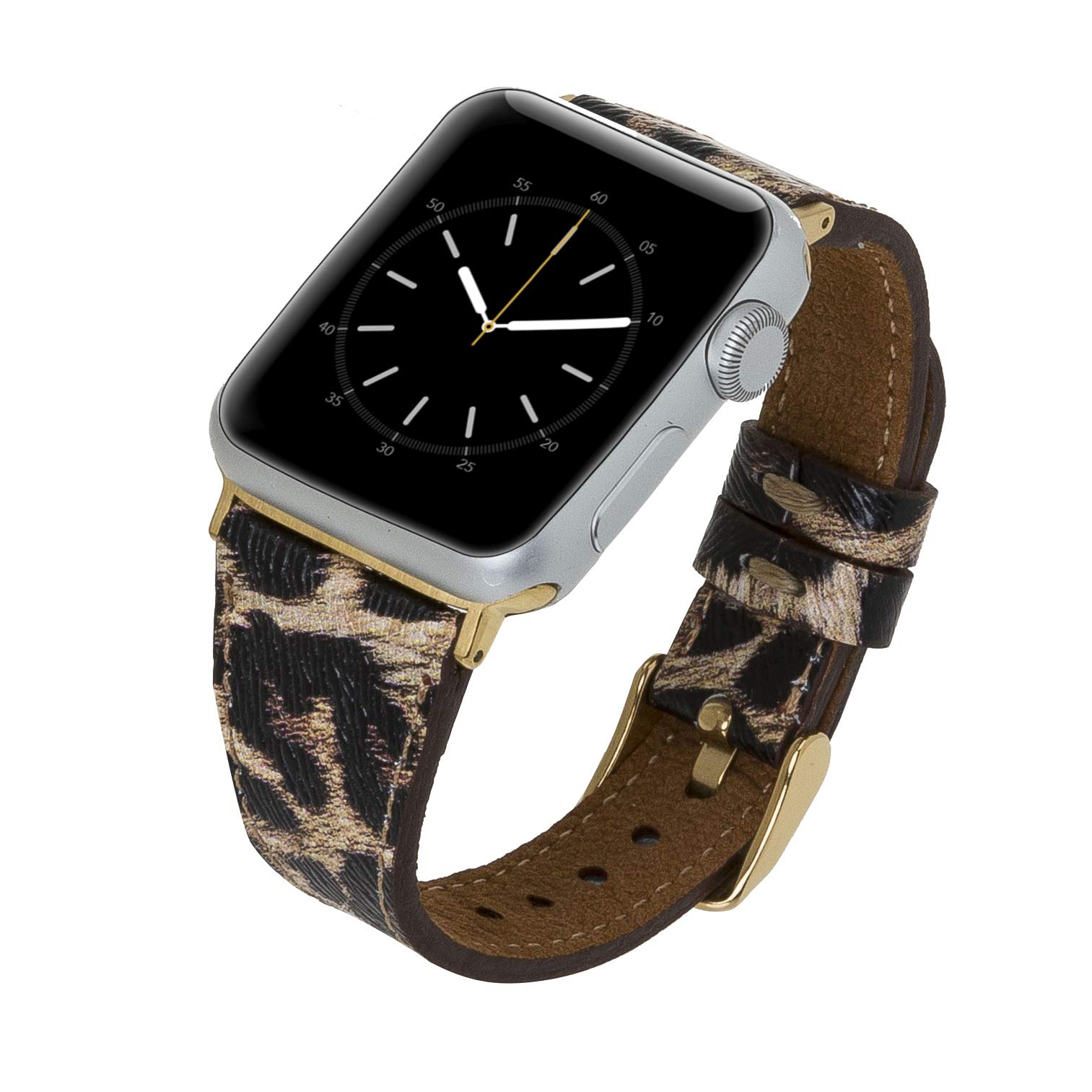 Venito Messina Leather Slim Watch Band Compatible with Apple Watch Series 9 8 7 6 5 4 3 2 1 SE 41mm 40mm 38mm (Leopard Pattern w/Gold Connector&Clasp)
