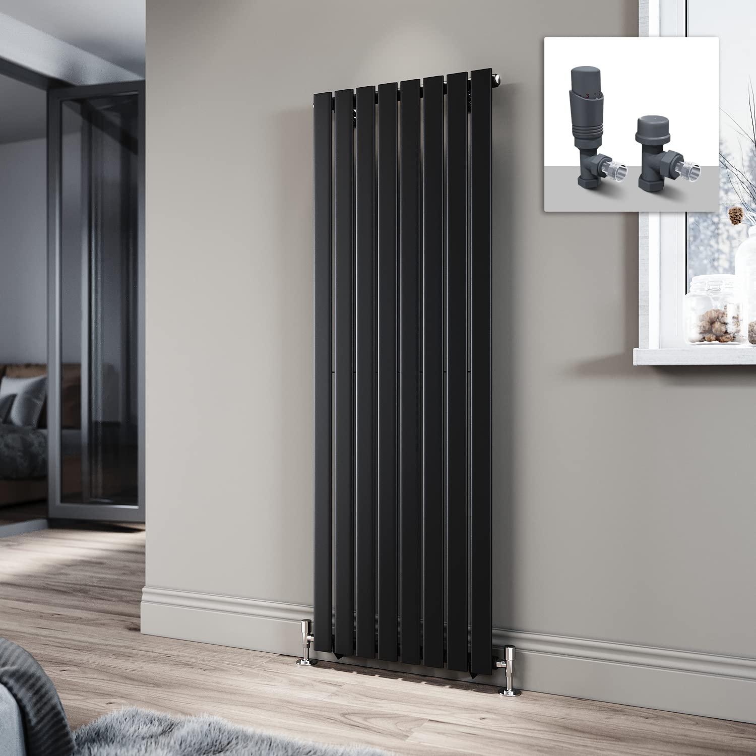 ELEGANT 1600 x 544mm Radiator Black Vertical Radiator Flat Panel Designer Radiator Single Panel Tall Upright Central Heating Radiator with Anthracite Thermostatic Valves