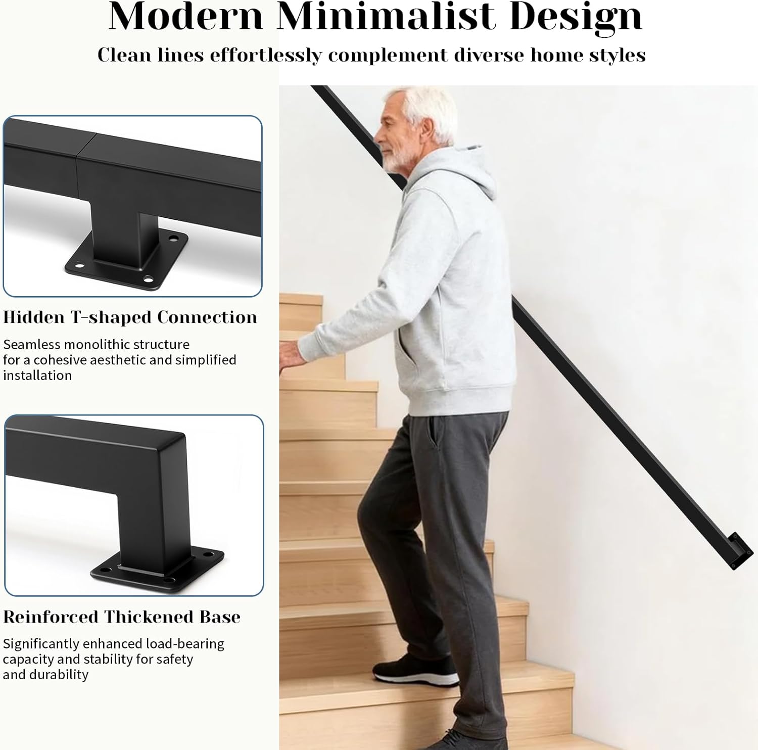 Wall Handrail 12FT,Black Industrial Staircase Railing,Pipe Handrails for Indoor Stairs,Wall Mounted Stair Handrail,Industrial Hand Rail for Steps