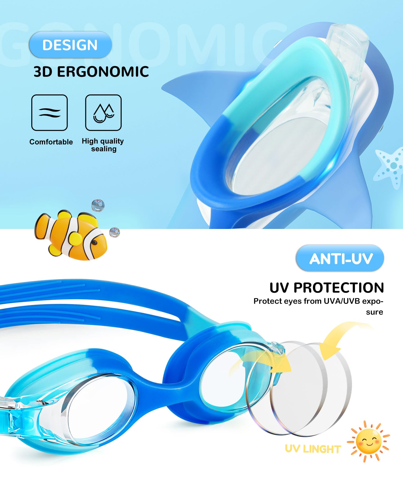 NSSIW Kinder-Schwimmbrille für Kinder: Anti-Beschlag-Schwimmbrille ohne Auslaufen, UV400, Alter 6–16 Jahre