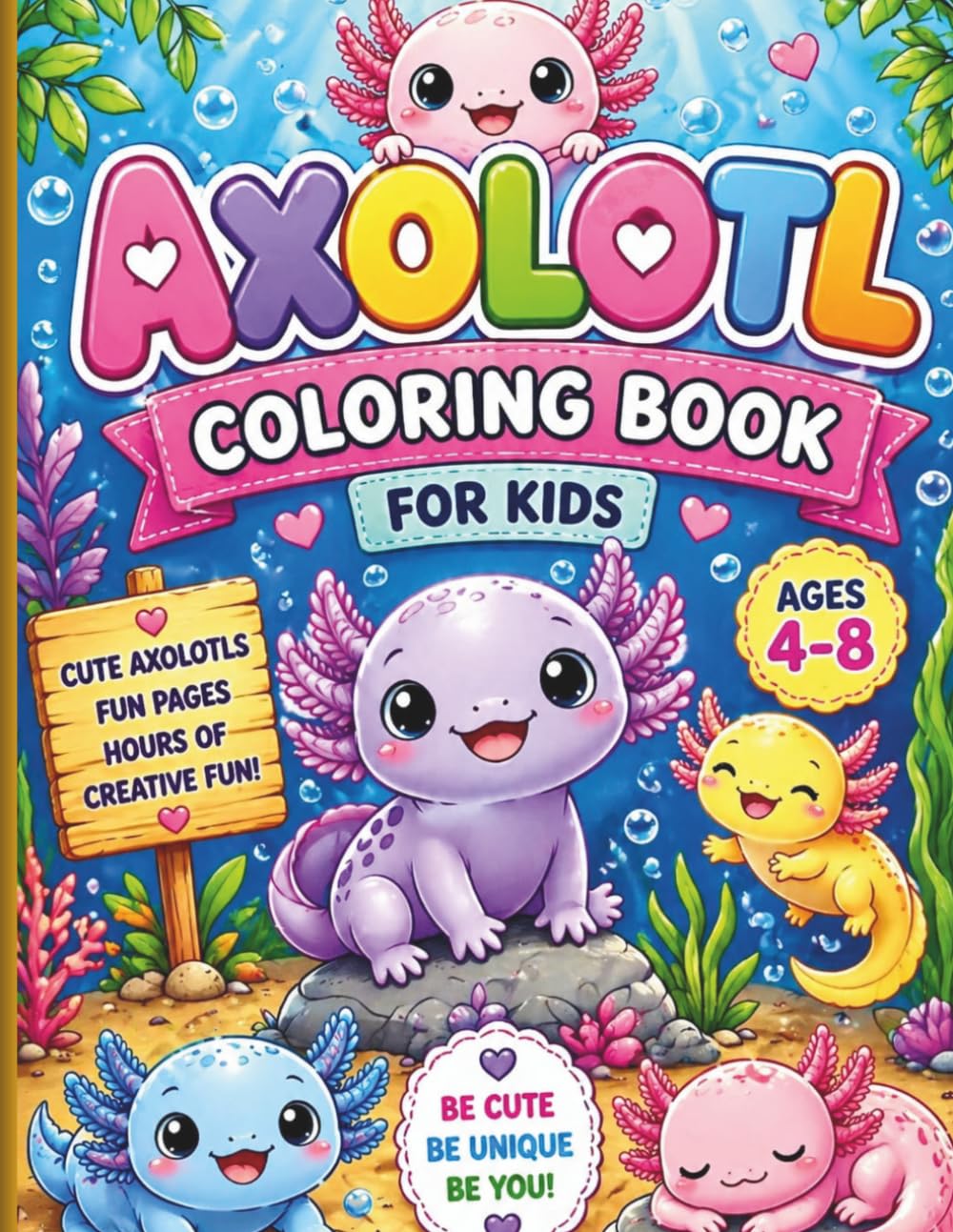 Axolotl Coloring Book for Kids Ages 4-8:: Cute & Kawaii Axolotl Activity Book with Fun Puzzles, Mazes, and Facts – Adorable Adorable Salamander Coloring Pages for Toddlers and Kids