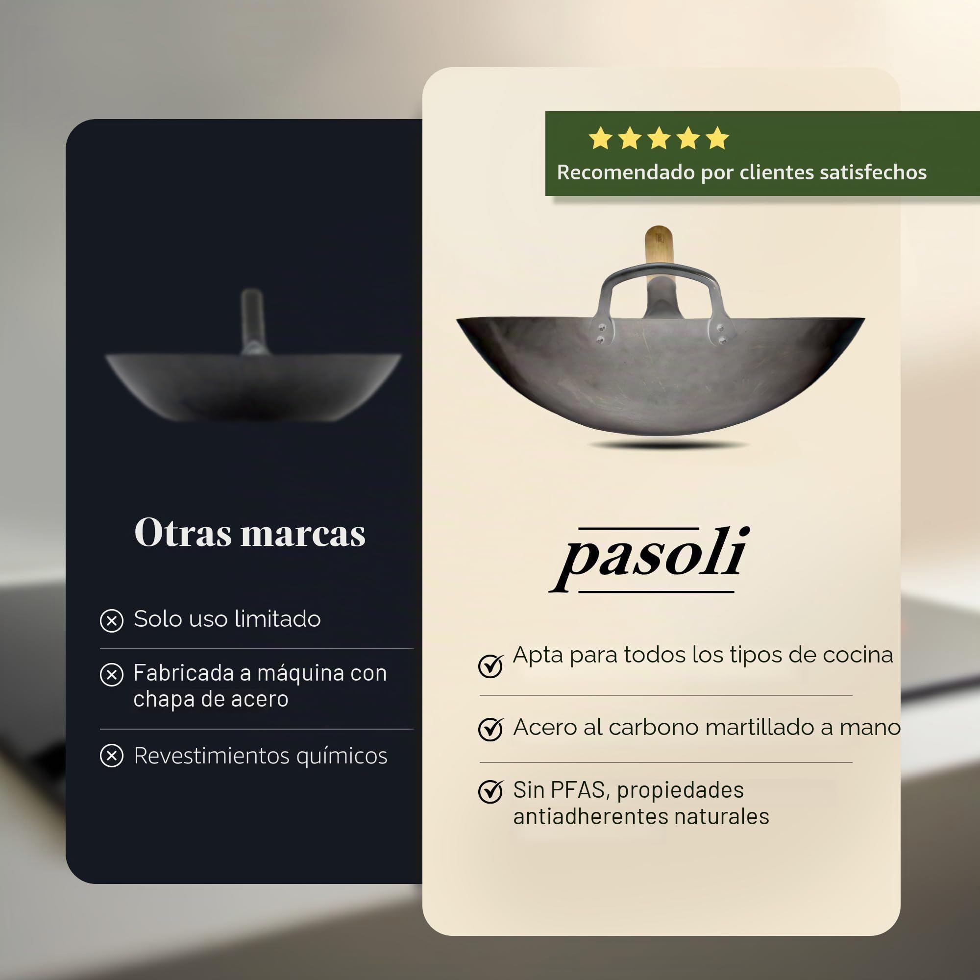 pasoli Wok con Base Plana para la Cocina (también de inducción) | 30 cm de diámetro | Tradicional de Acero al Carbono Martillado a Mano, Mango de Madera | Capa Antiadherente Natural