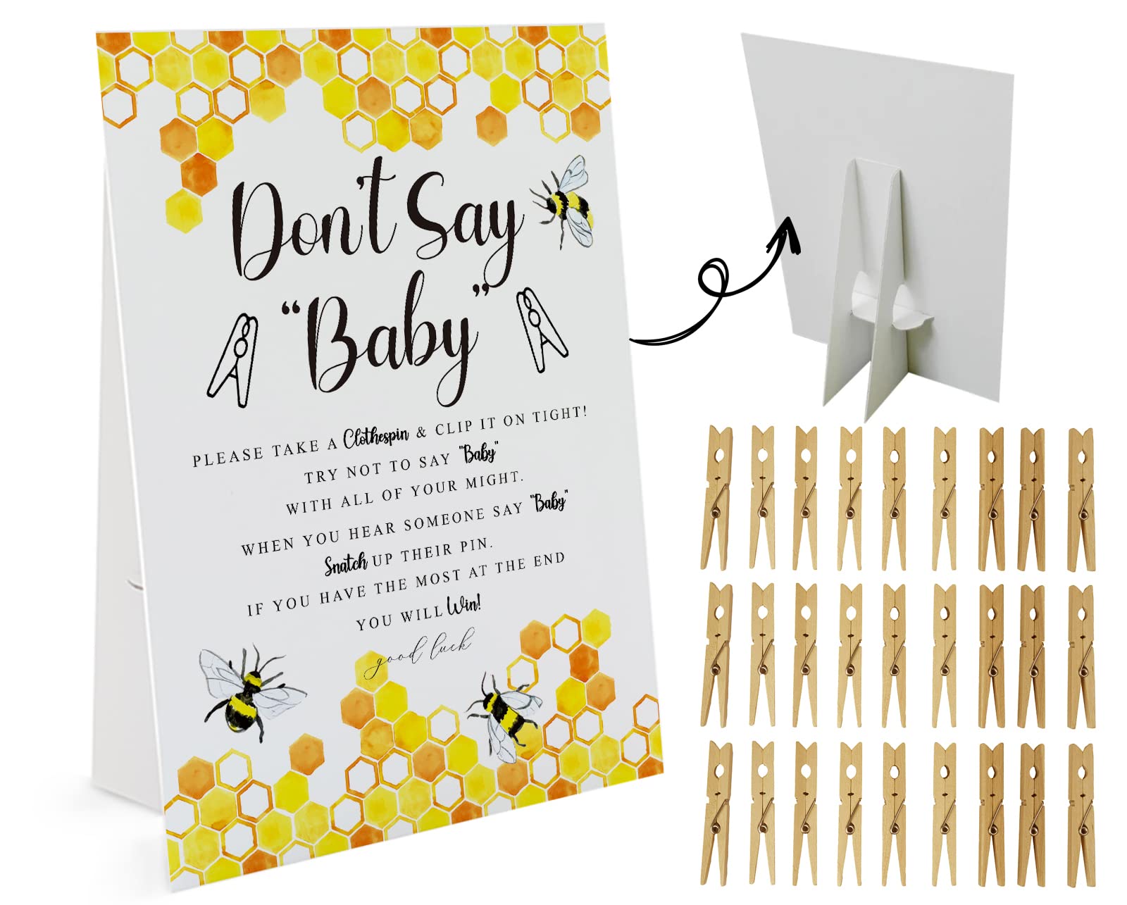 Honey Bee Don't Say Baby Game （1 Sign and 50 Mini Natural Clothespins） Don't Say Baby Baby Shower Game, Baby Shower Decorations, Baby Shower Games