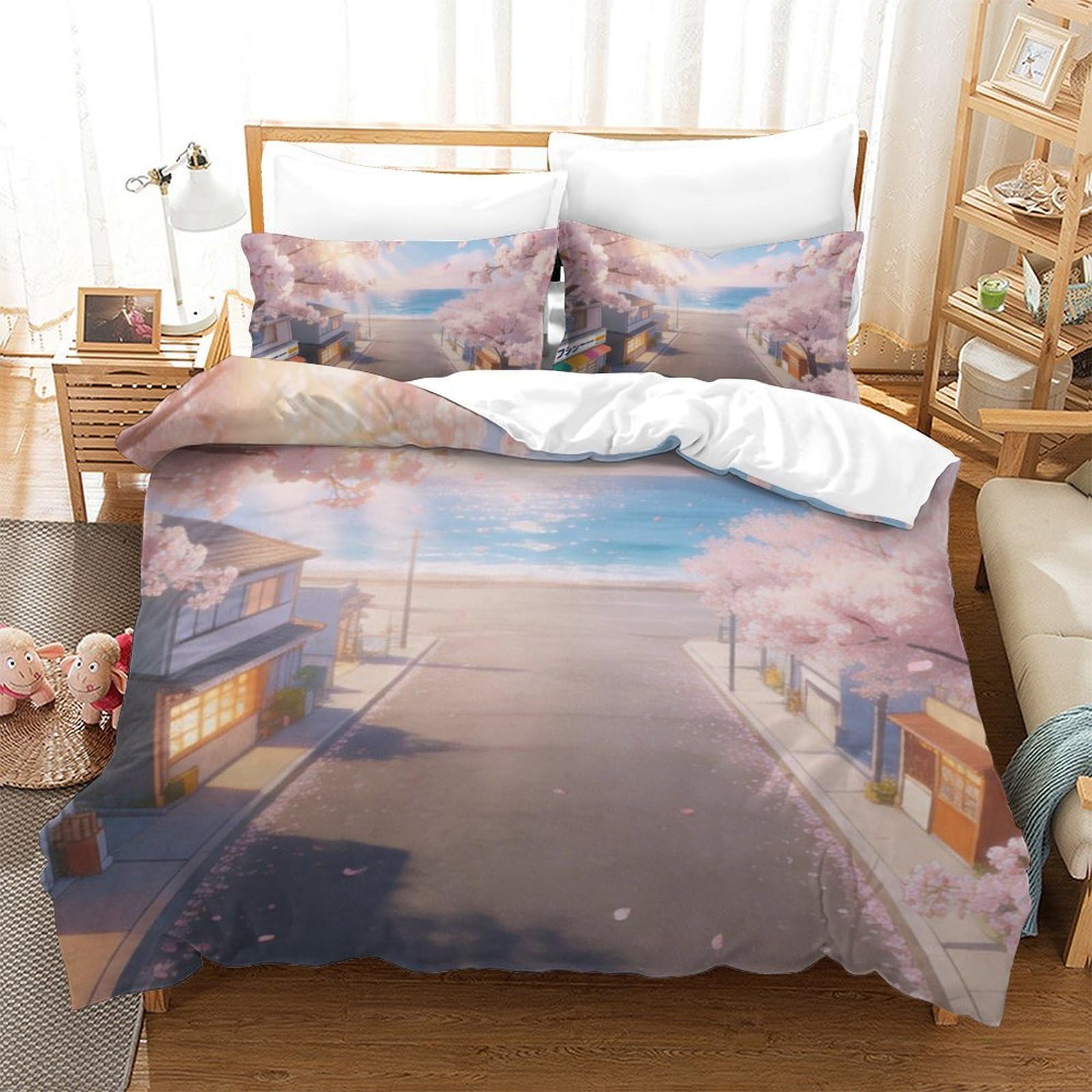 Housse de Couette Cerisier 3D Parure de Lit Microfibre Décoration Chambre Adulte 140x200