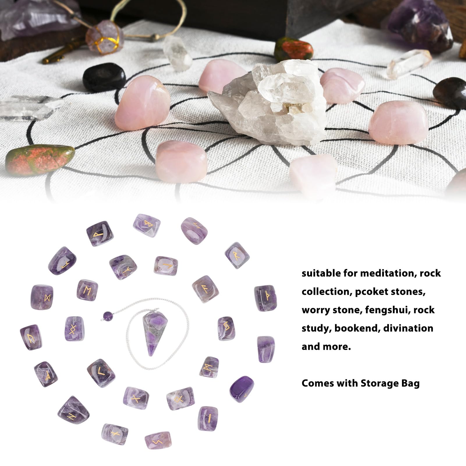 Juego de 25 Piedras Runas, Péndulo y Bolsa de Cristal, Curación, Chakras Equilibrados, Mente Pacífica, Adivinación, Meditación para Problemas Emocionales, Colección de Rocas,