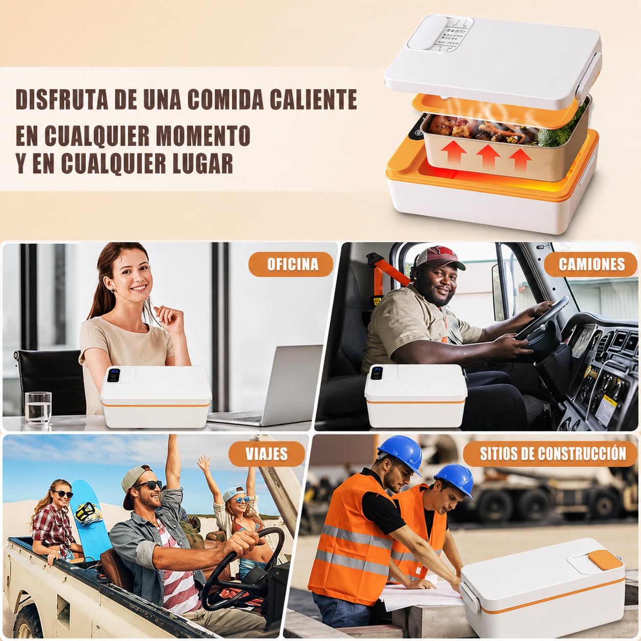 Fiambrera Eléctrica Inalámbrica con Batería 12000mAh 1L, Calentador de Comida Portátil Sin Cable, Taper Eléctrico con Acero Inoxidable, Pantalla y Temporizador, para Trabajo, Oficina, Coche, Camping
