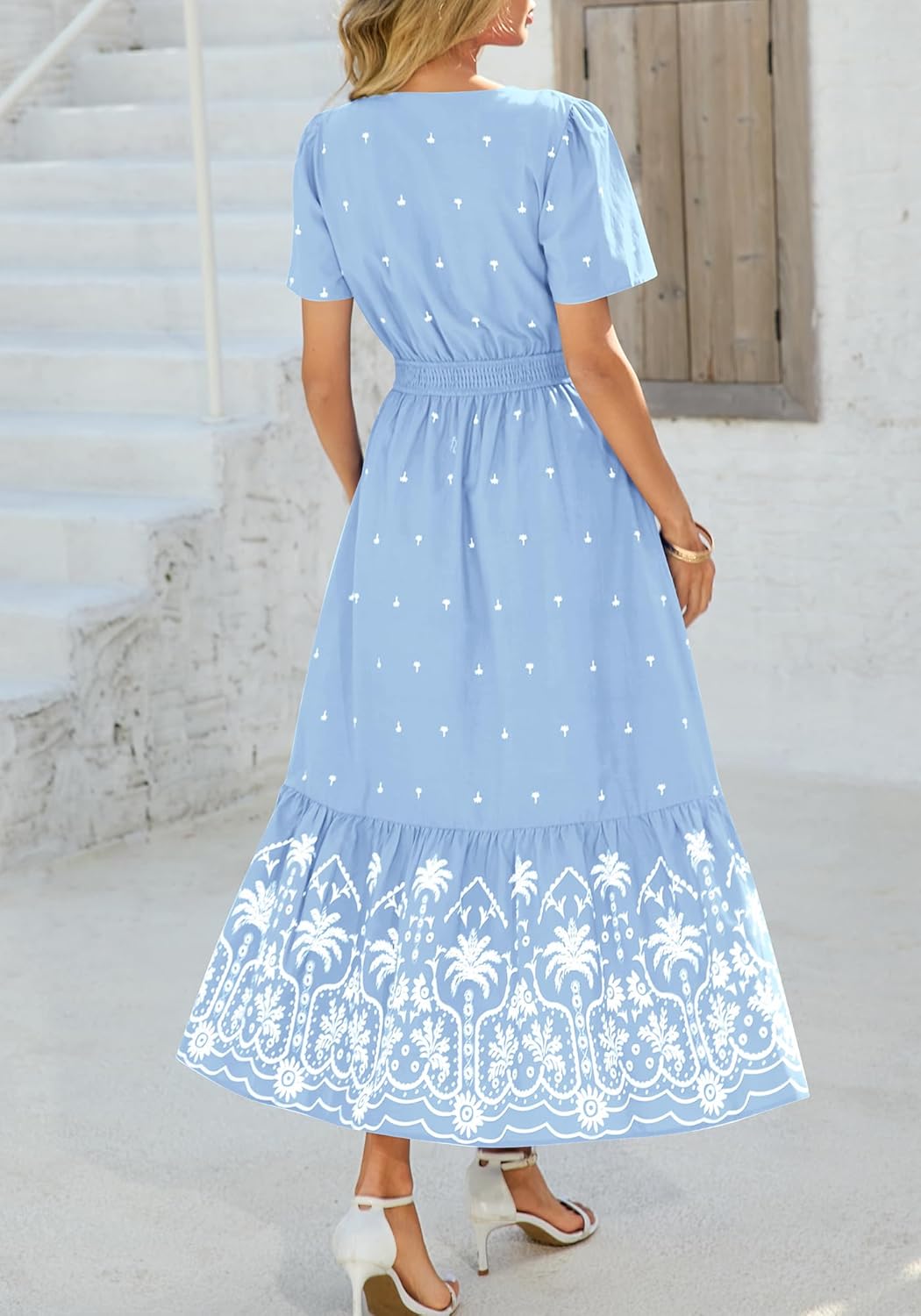 BTFBM Womens Summer Dresses 2026 Casual Short Sleeve Elastic Waist Flowy Beach Vacation Floral Boho Maxi Dress Pockets - Image 3