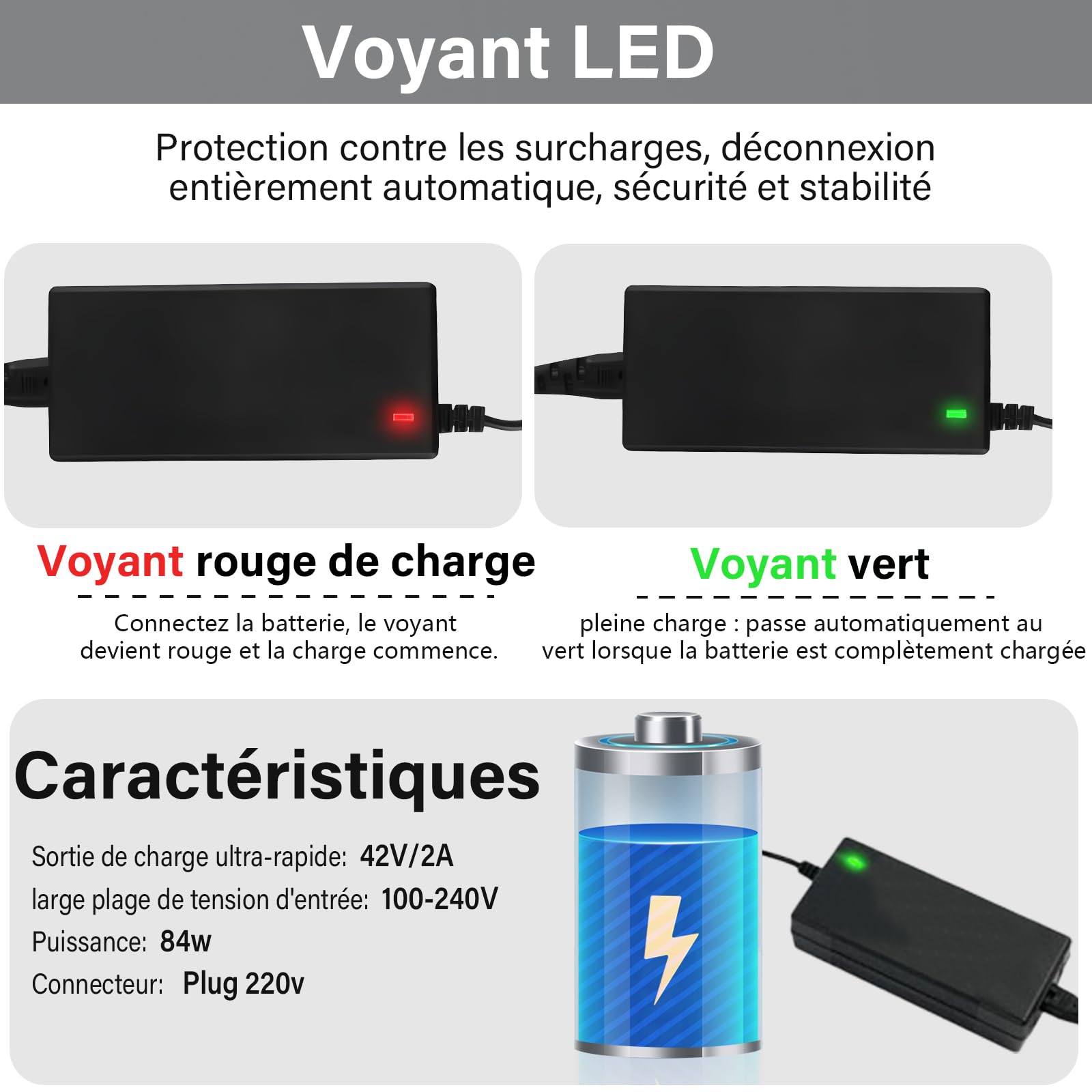 Chargeur Trotinette Electriqu, 42V 2A Universel Chargeur Hoverboard 36V Batterie de Trottinette avec 4 Connecteurs pour M365,E-Scooter,Hoverboard,Scooter Electrique