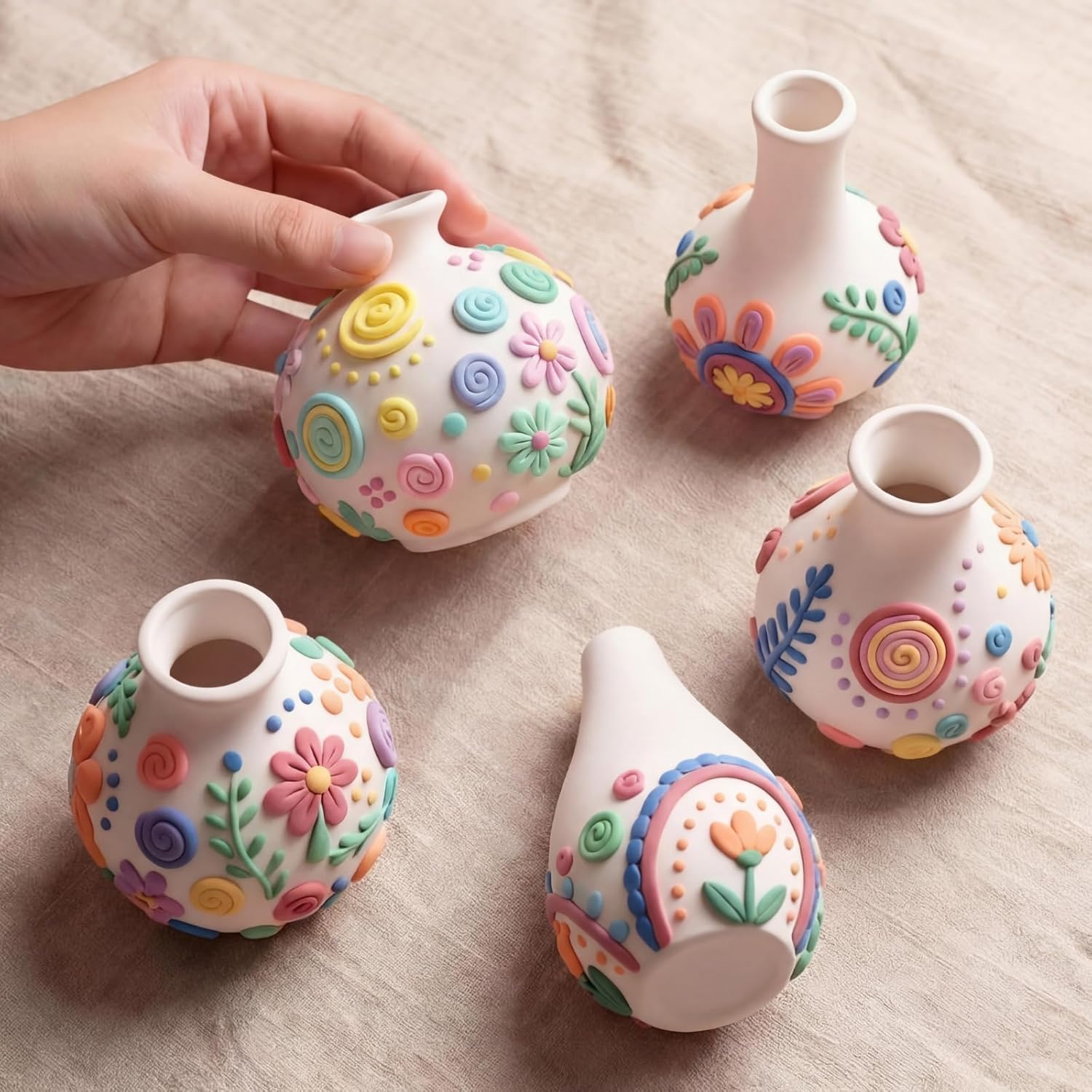 5 Set Paint Your Own Vases Pastel Painting Kit for Art DIY Craft Project Unpainted White Ceramic Vases 12 Paints 12 Color Clay for Spring Home Decor Birthday Party Gift