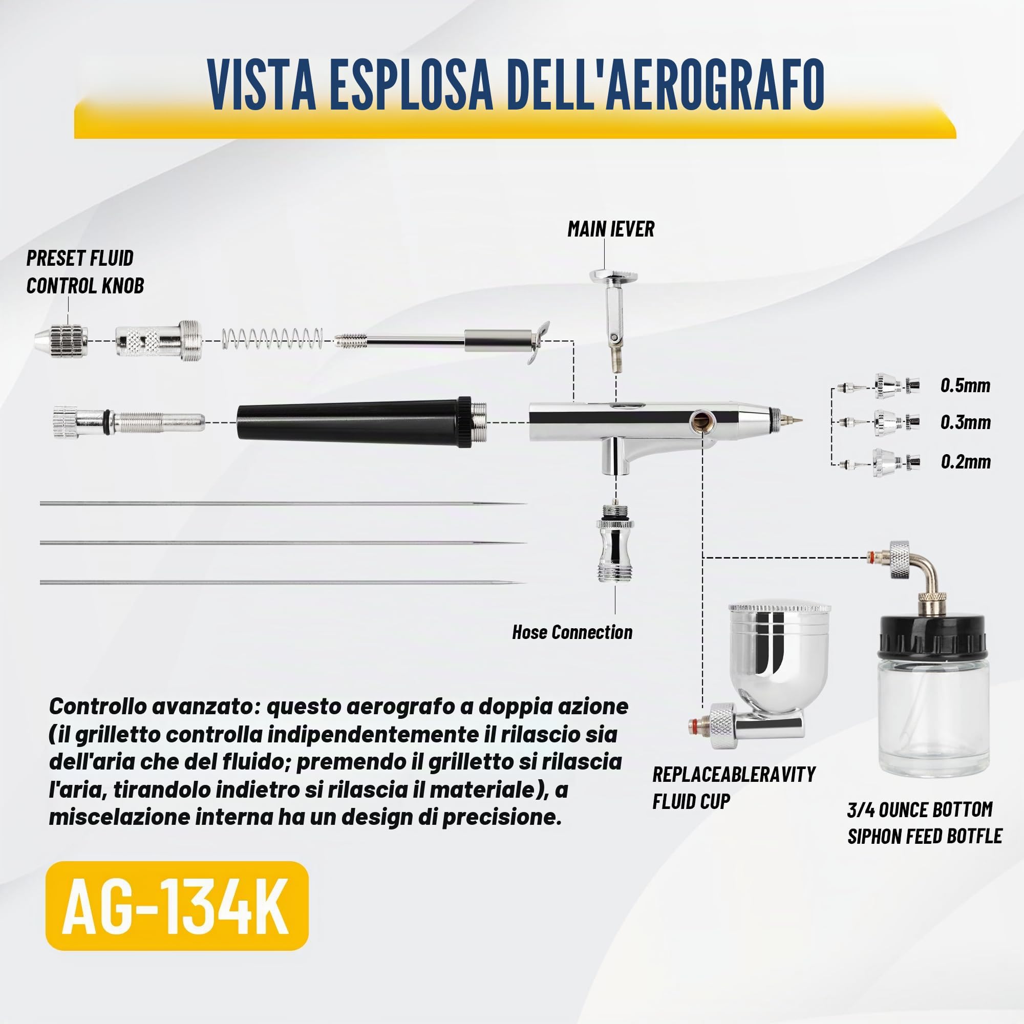 Aerografo Pistola doppia azione Kit / Set Fengda FE-134K con 0,2 mm / 0,3 mm / 0,5 mm ago/iniettore e tubo