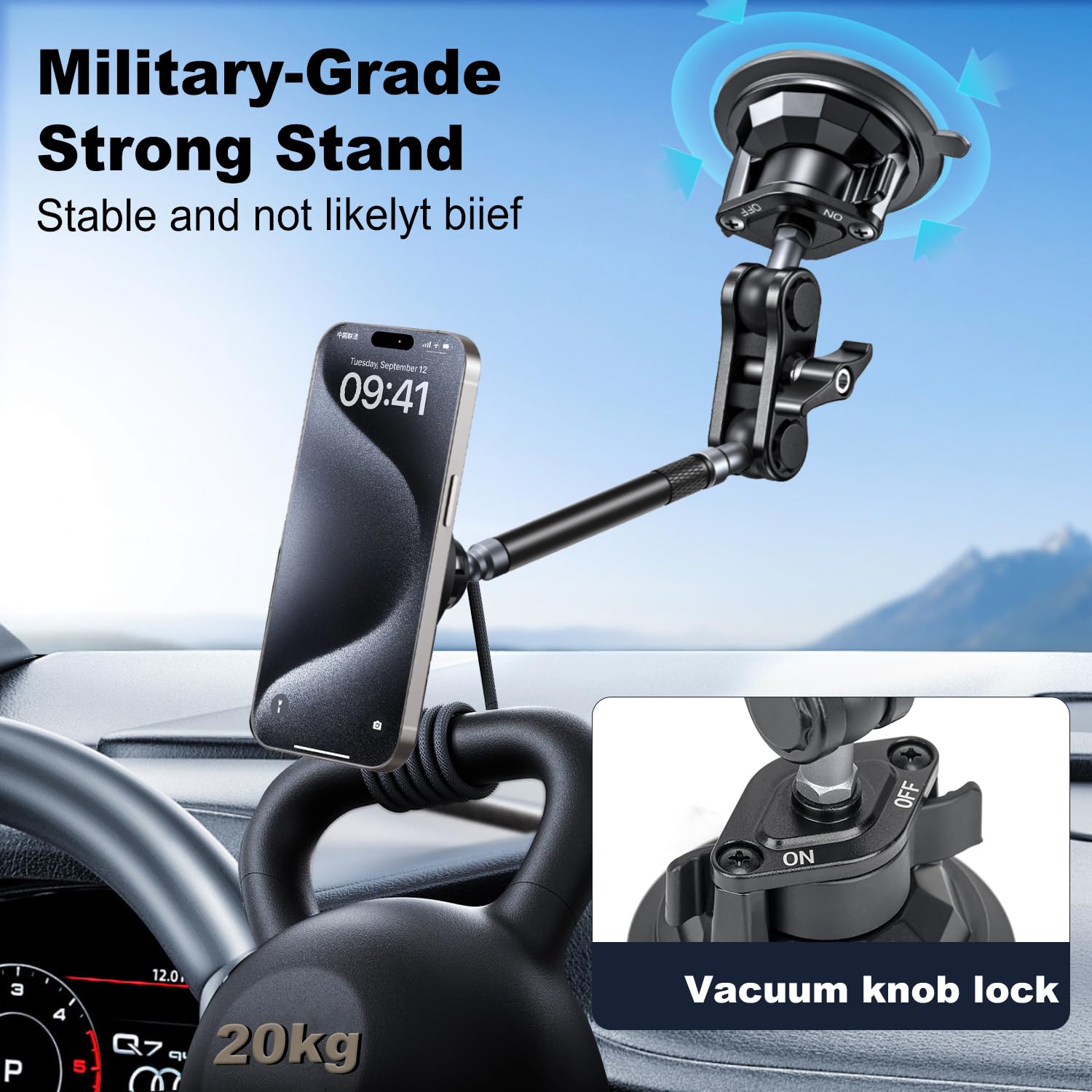 koolehaoda Supporto Magnetico Telefono Auto Ventosa 360 per Mag Safe iPhone | Universale Parabrezza Cruscotto Braccio Metallico Regolabile, Magnete Forte per Custodie Magnetiche Navigazione GPS